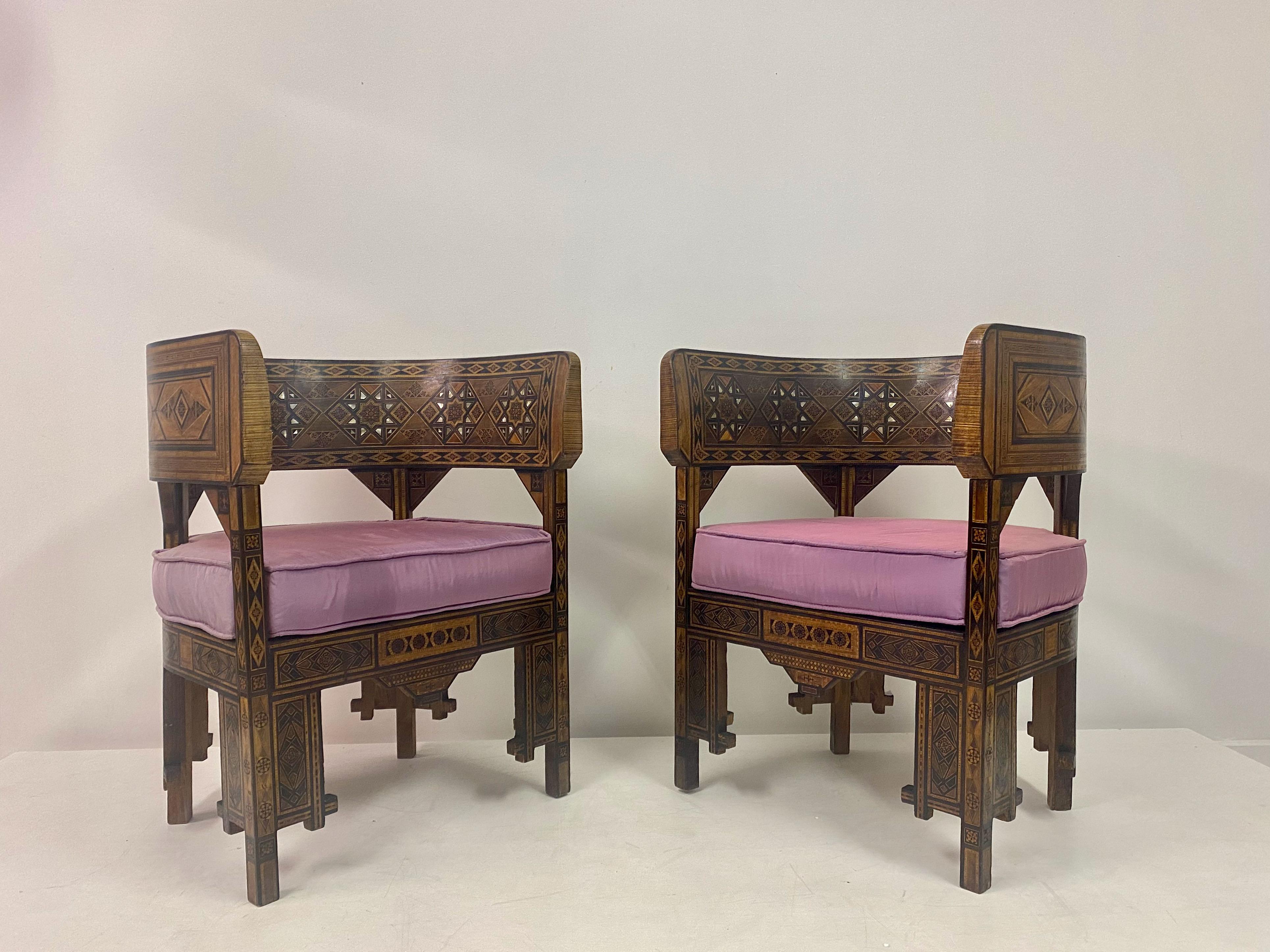 Pair of Syrian Walnut And Parquetry Tub Armchairs In Good Condition For Sale In London, London