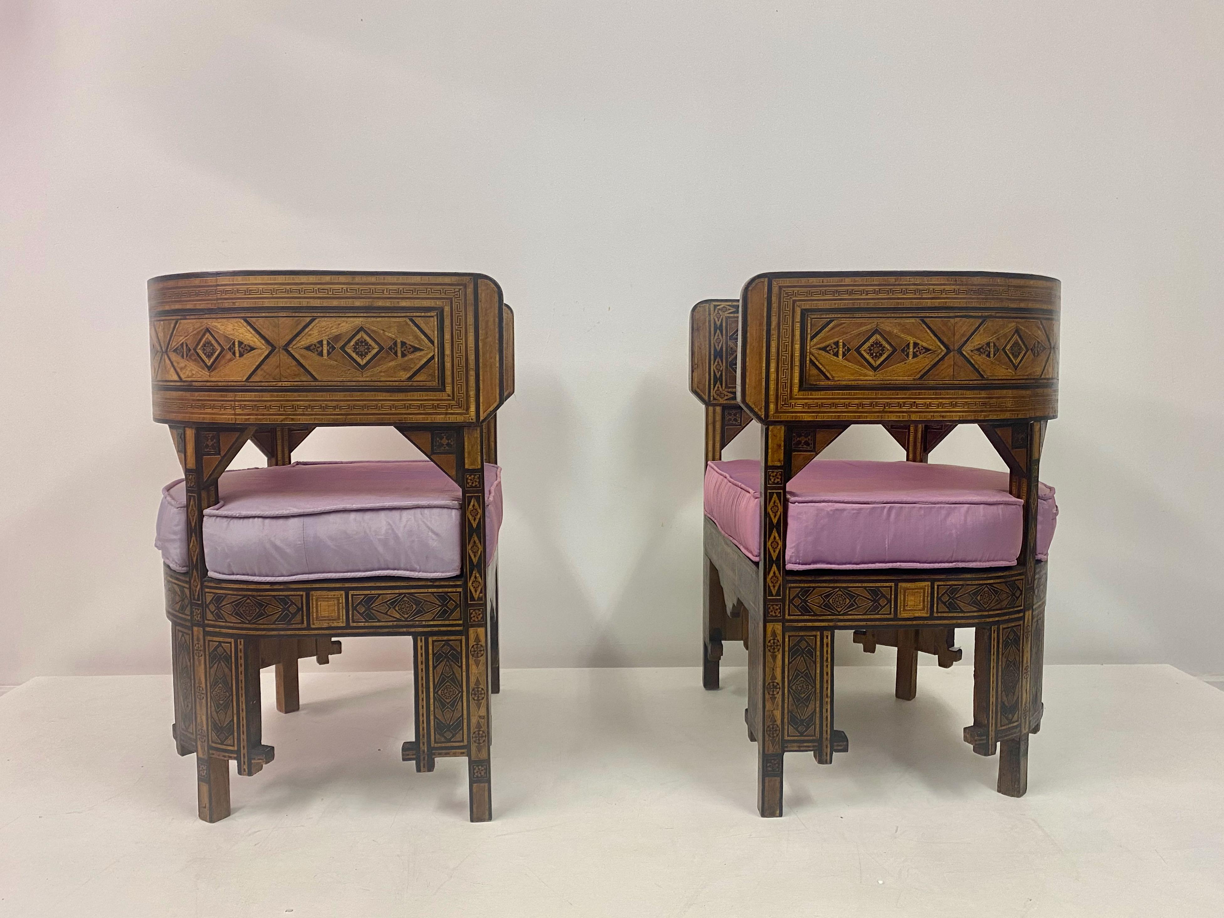 Pair of Syrian Walnut And Parquetry Tub Armchairs For Sale 1