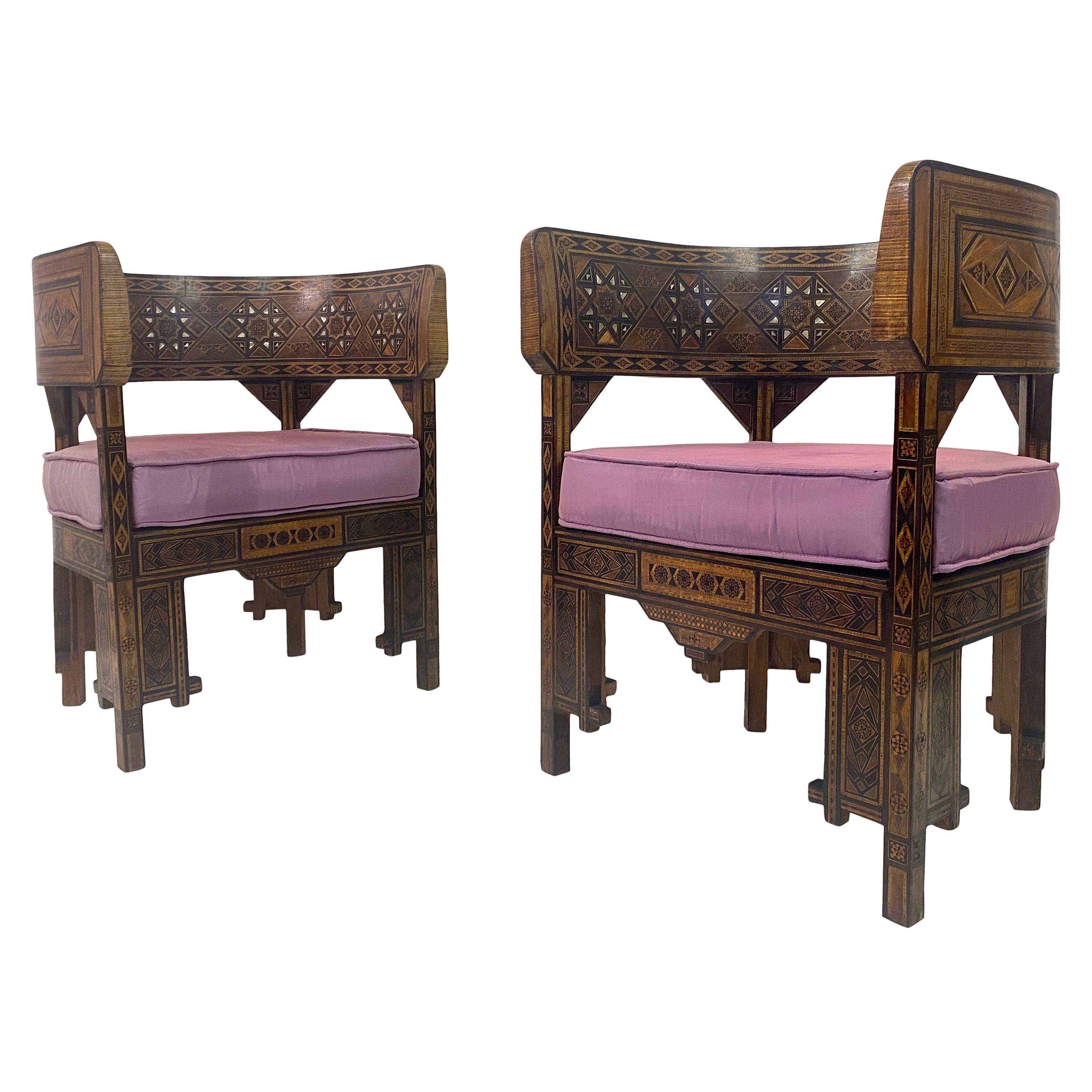Pair of Syrian Walnut And Parquetry Tub Armchairs