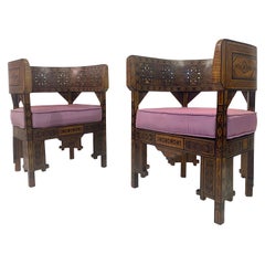 Vintage Pair of Syrian Walnut And Parquetry Tub Armchairs