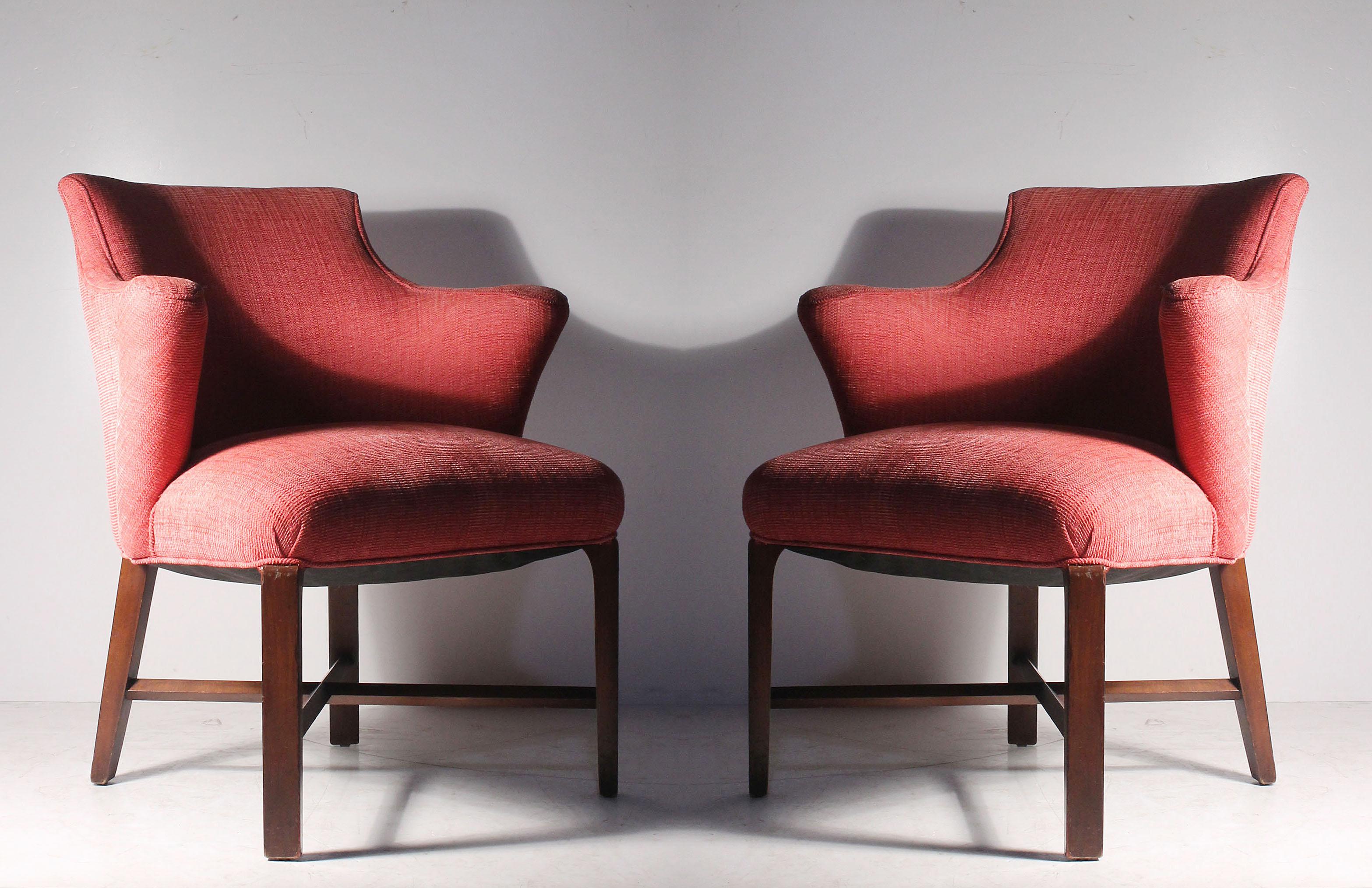 Syrie Maugham specified these chairs more than once for her interiors. Uncertain if she designed them as well. Possibly.

These were reupholstered somewhat incorrectly at a later date. The nailheads were not included. Last 2 photos are reference