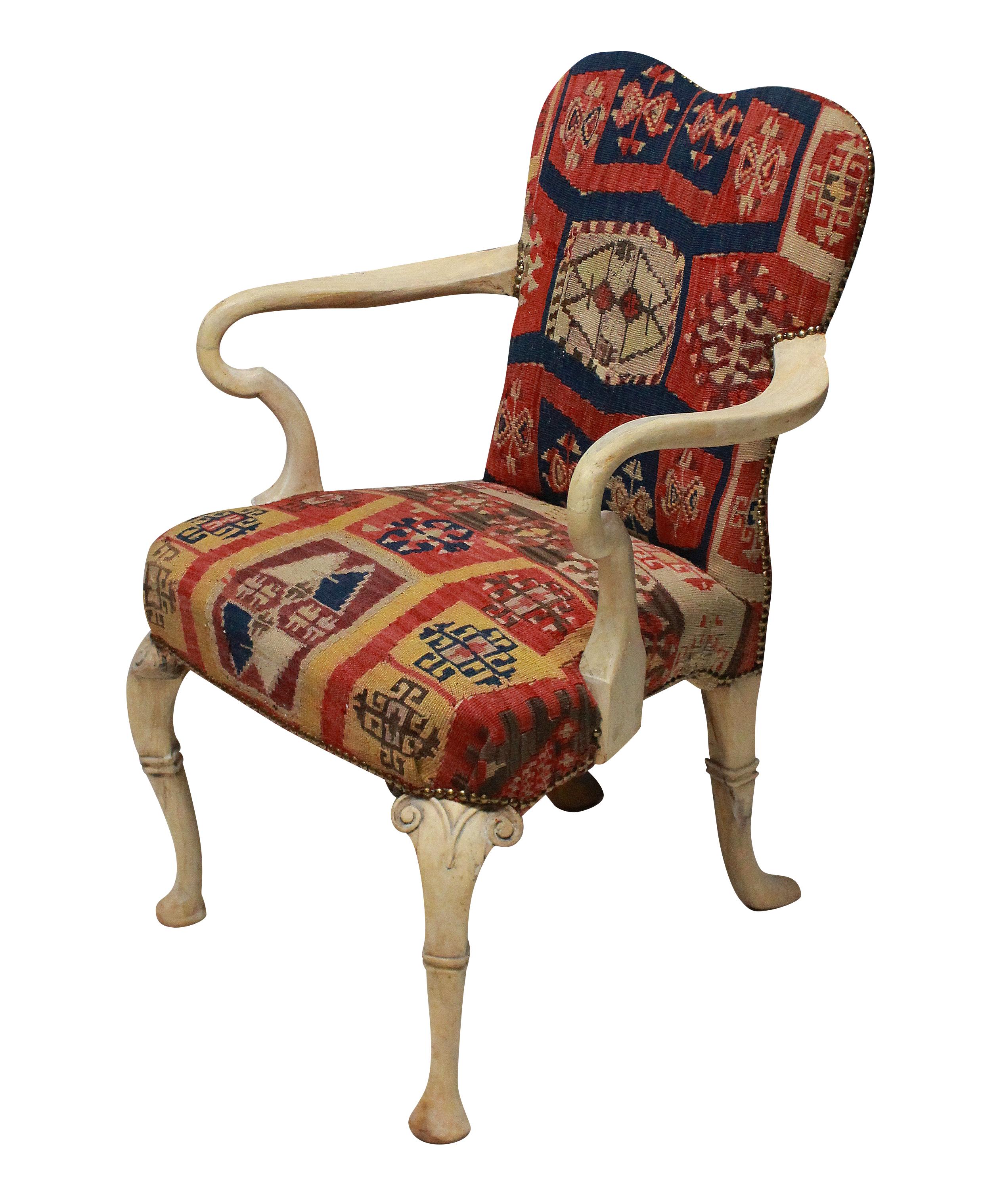 English Pair of Syrie Maugham Style Pickled Armchairs in Kilims