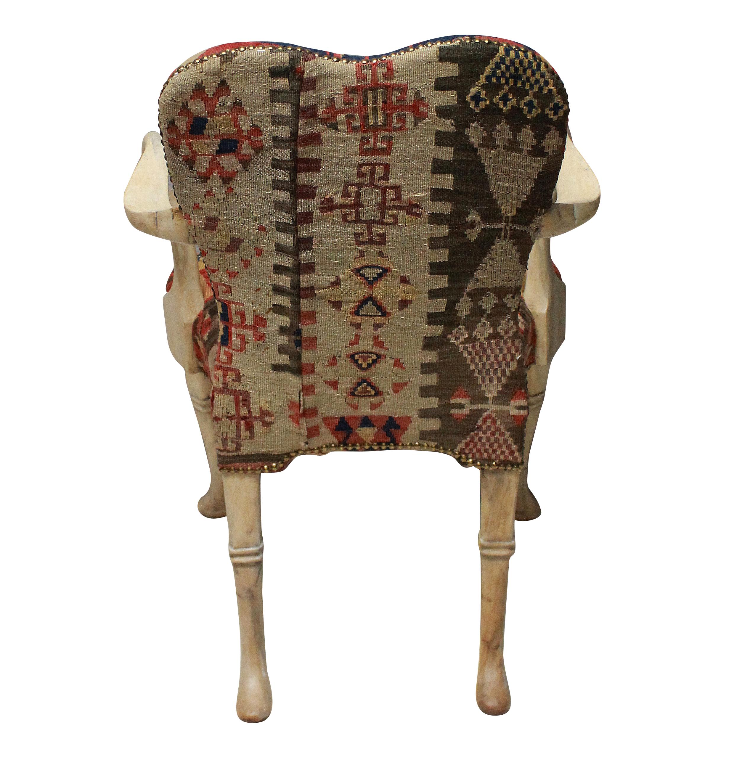 Mid-20th Century Pair of Syrie Maugham Style Pickled Armchairs in Kilims
