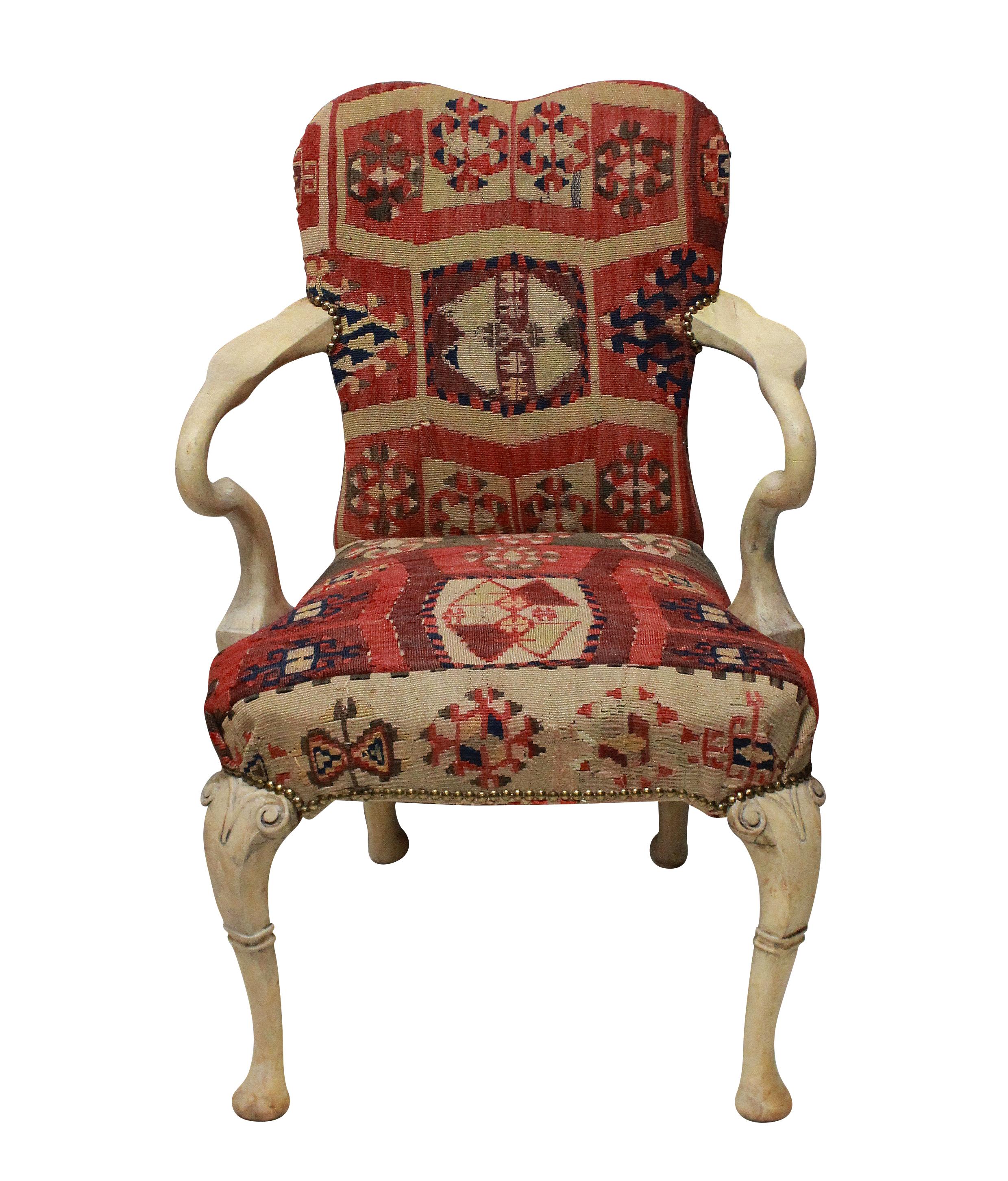 Fruitwood Pair of Syrie Maugham Style Pickled Armchairs in Kilims