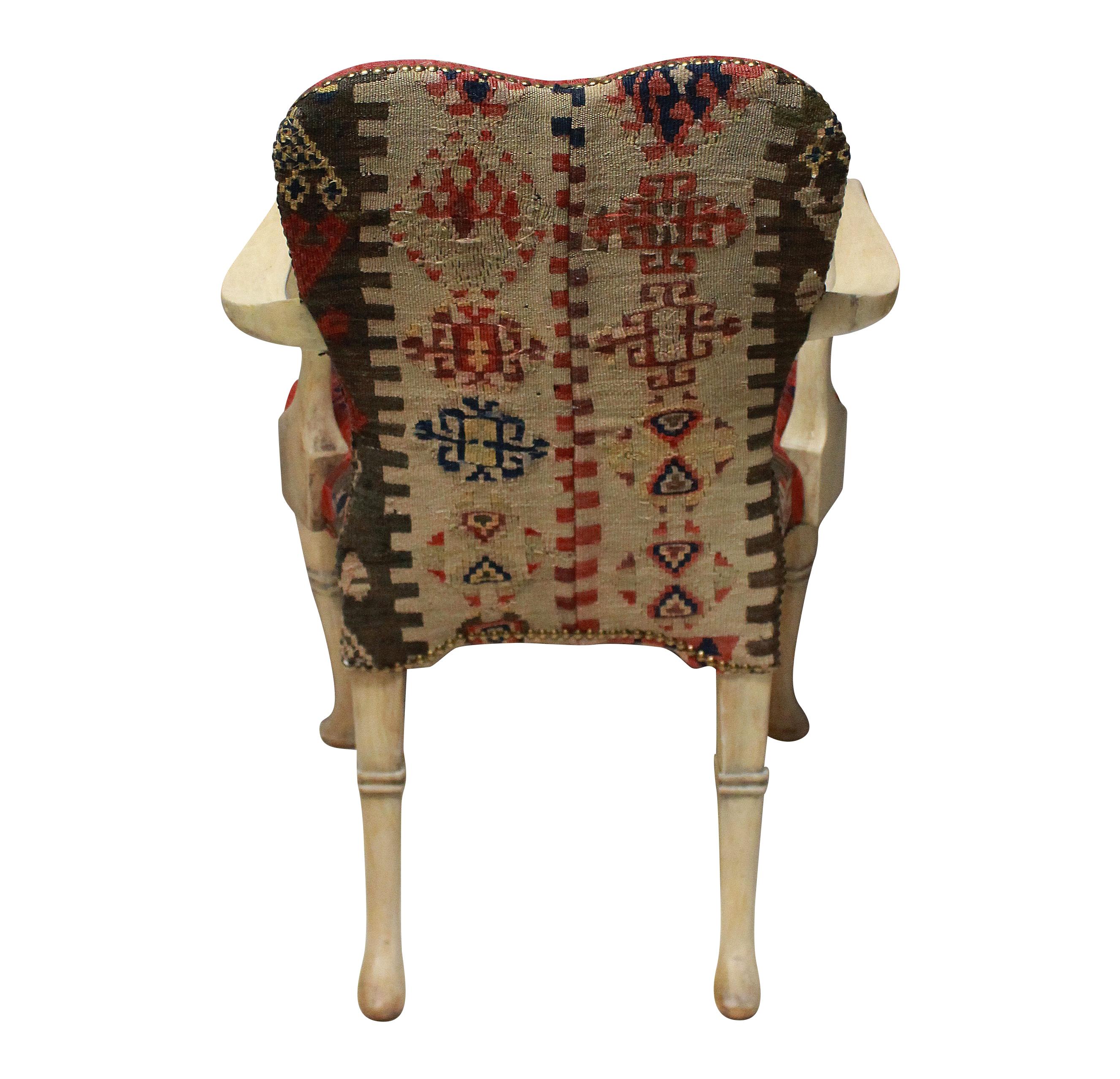Pair of Syrie Maugham Style Pickled Armchairs in Kilims 3