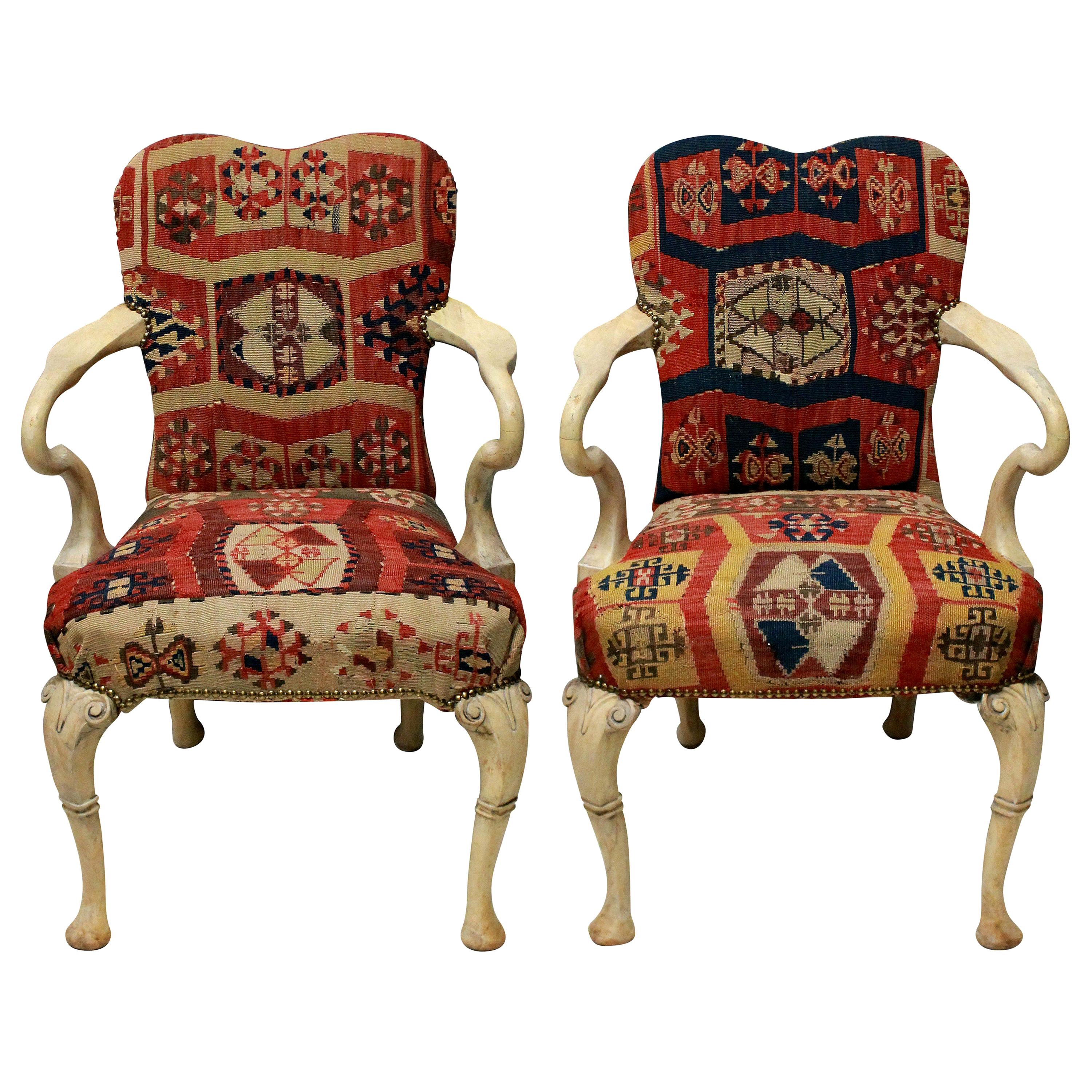 Pair of Syrie Maugham Style Pickled Armchairs in Kilims