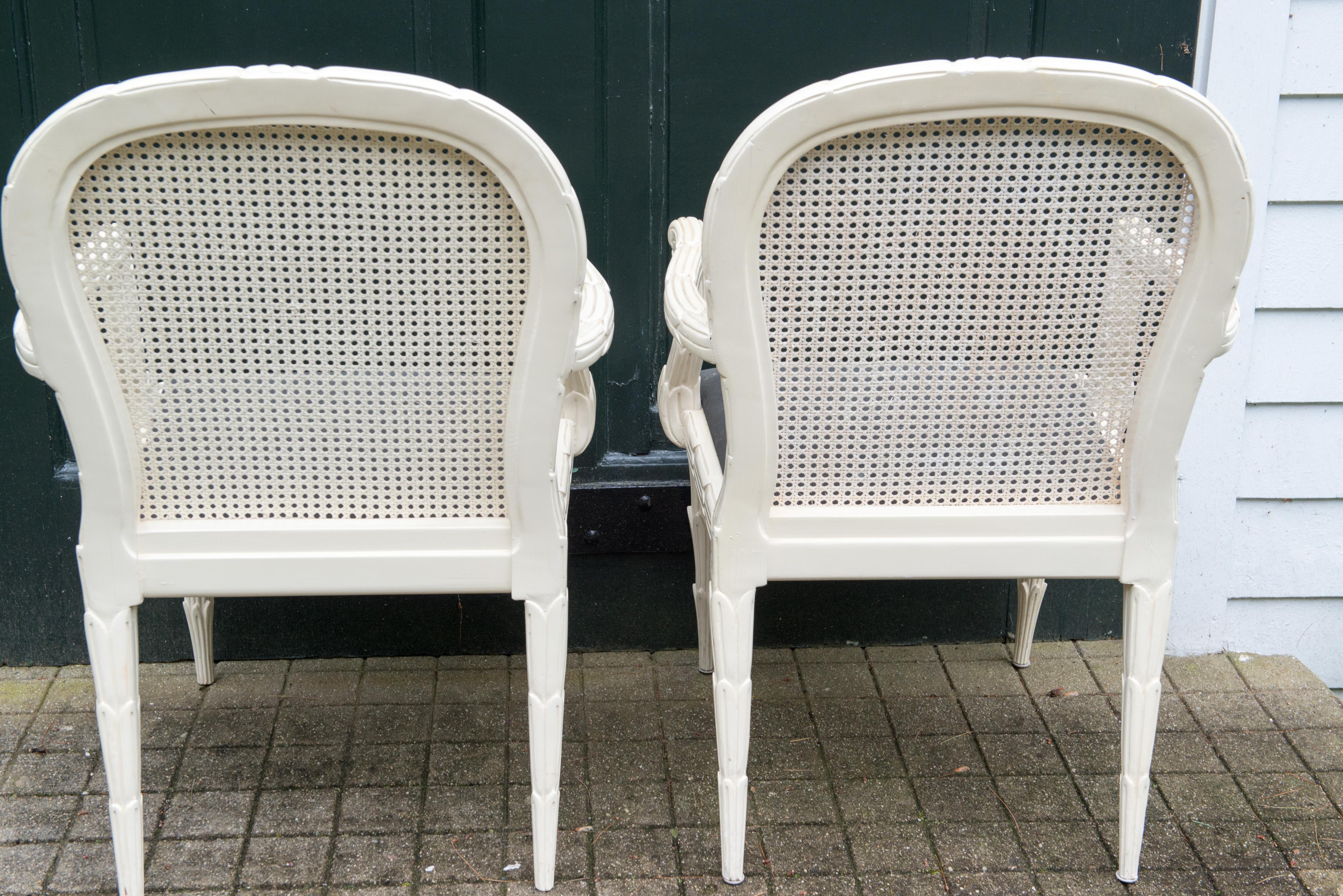 Pair of Syrie Maugham Style White Foliate Cane Back Arm Chairs For Sale 4