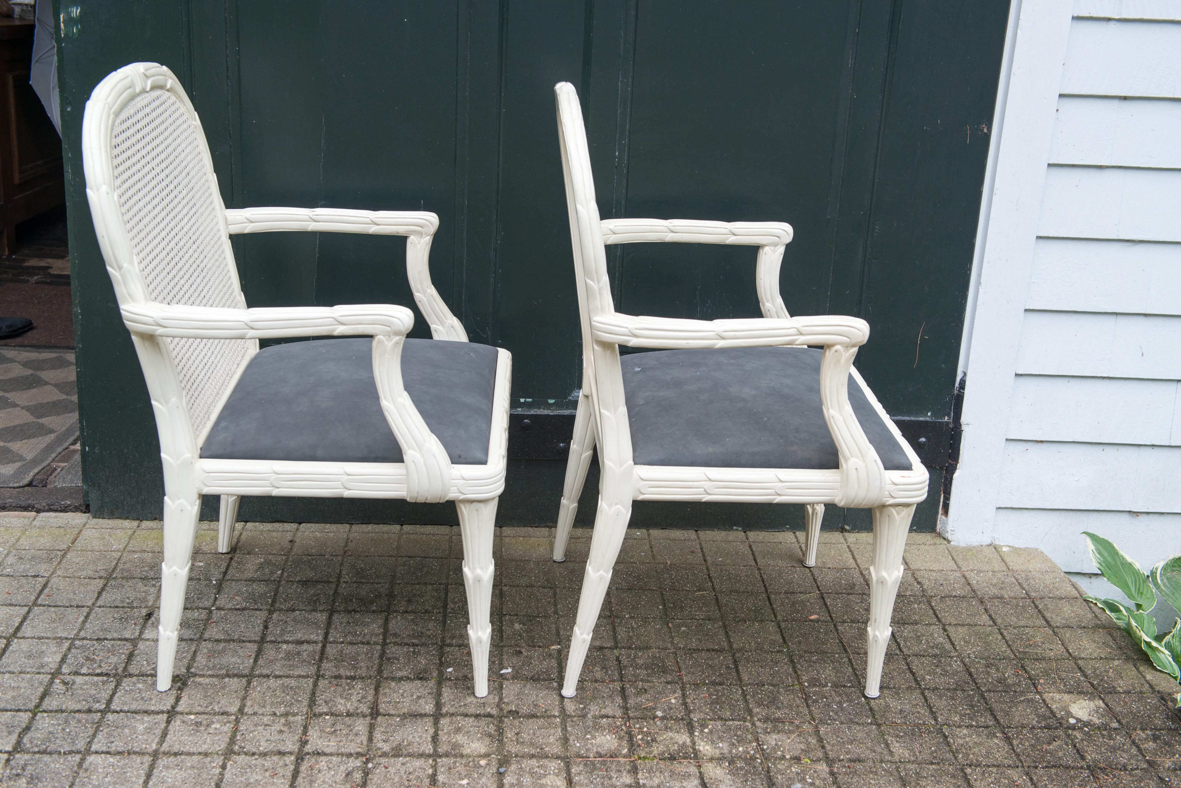 Pair of Syrie Maugham Style White Foliate Cane Back Arm Chairs 6