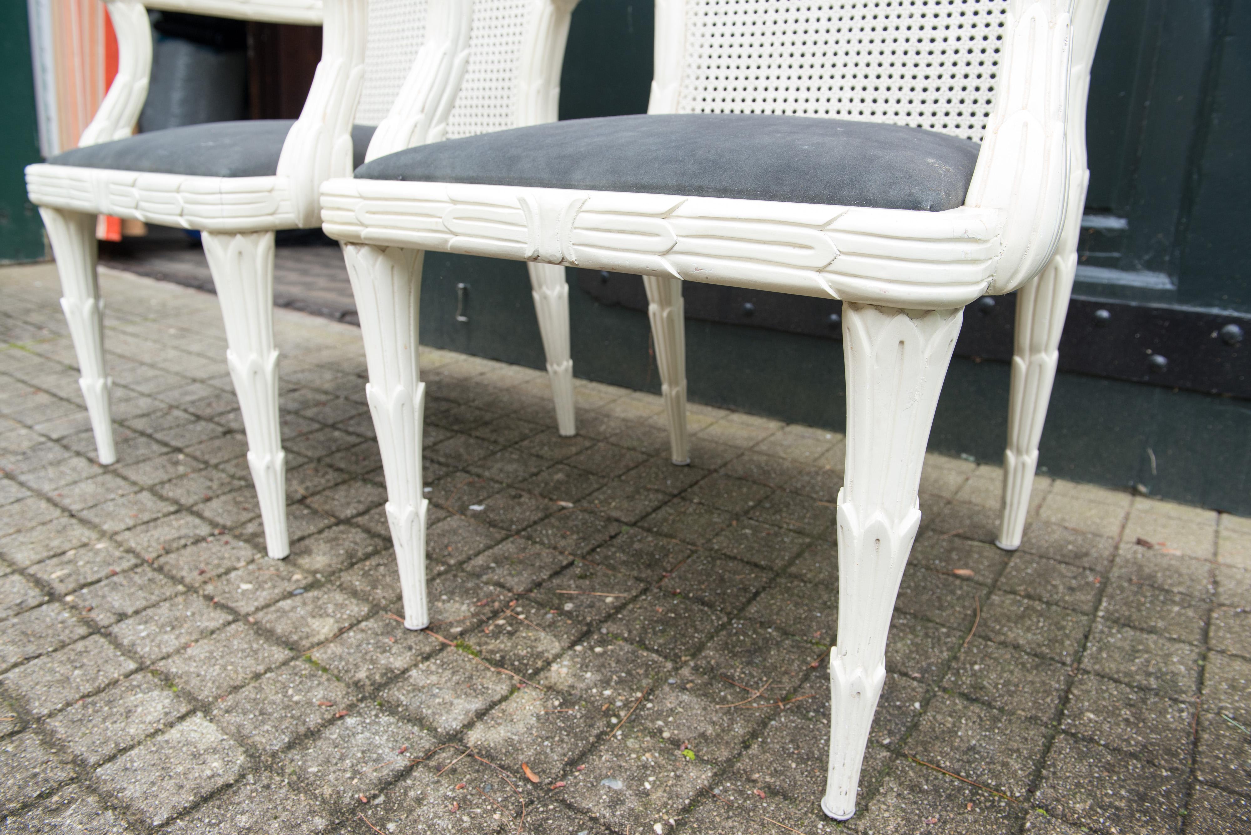 Late 20th Century Pair of Syrie Maugham Style White Foliate Cane Back Arm Chairs For Sale