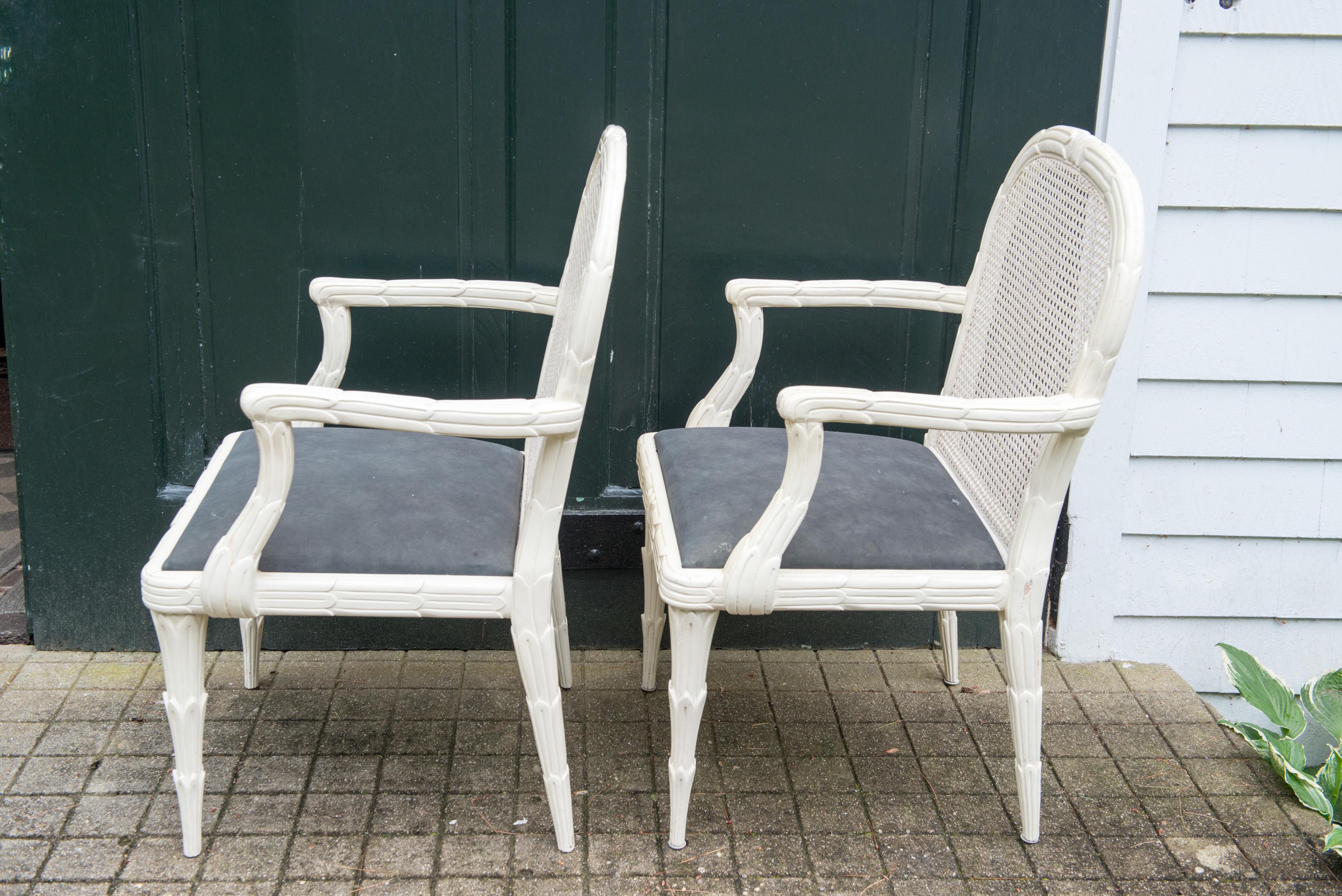 Pair of Syrie Maugham Style White Foliate Cane Back Arm Chairs For Sale 1