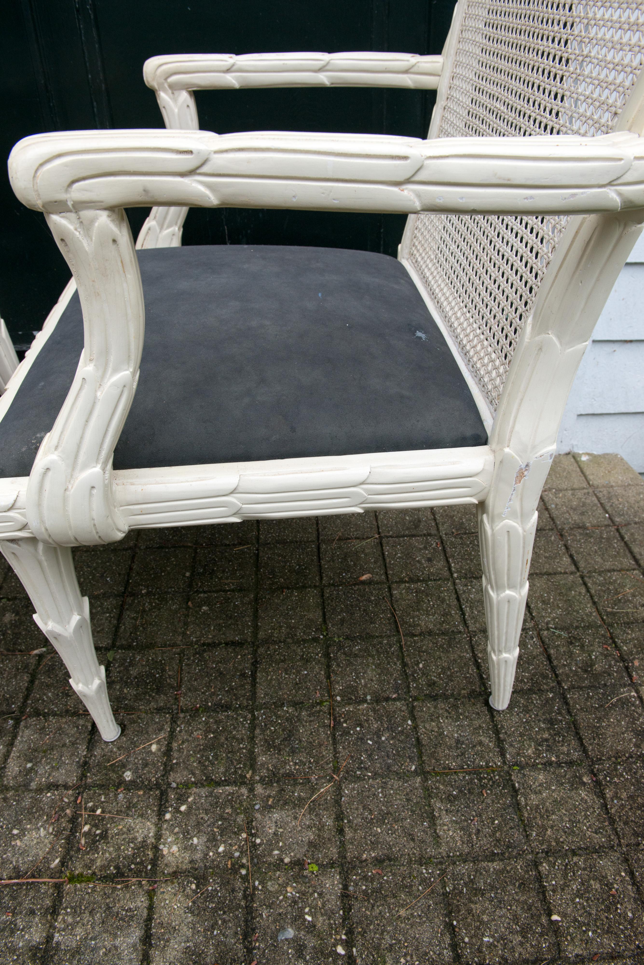 Pair of Syrie Maugham Style White Foliate Cane Back Arm Chairs For Sale 2