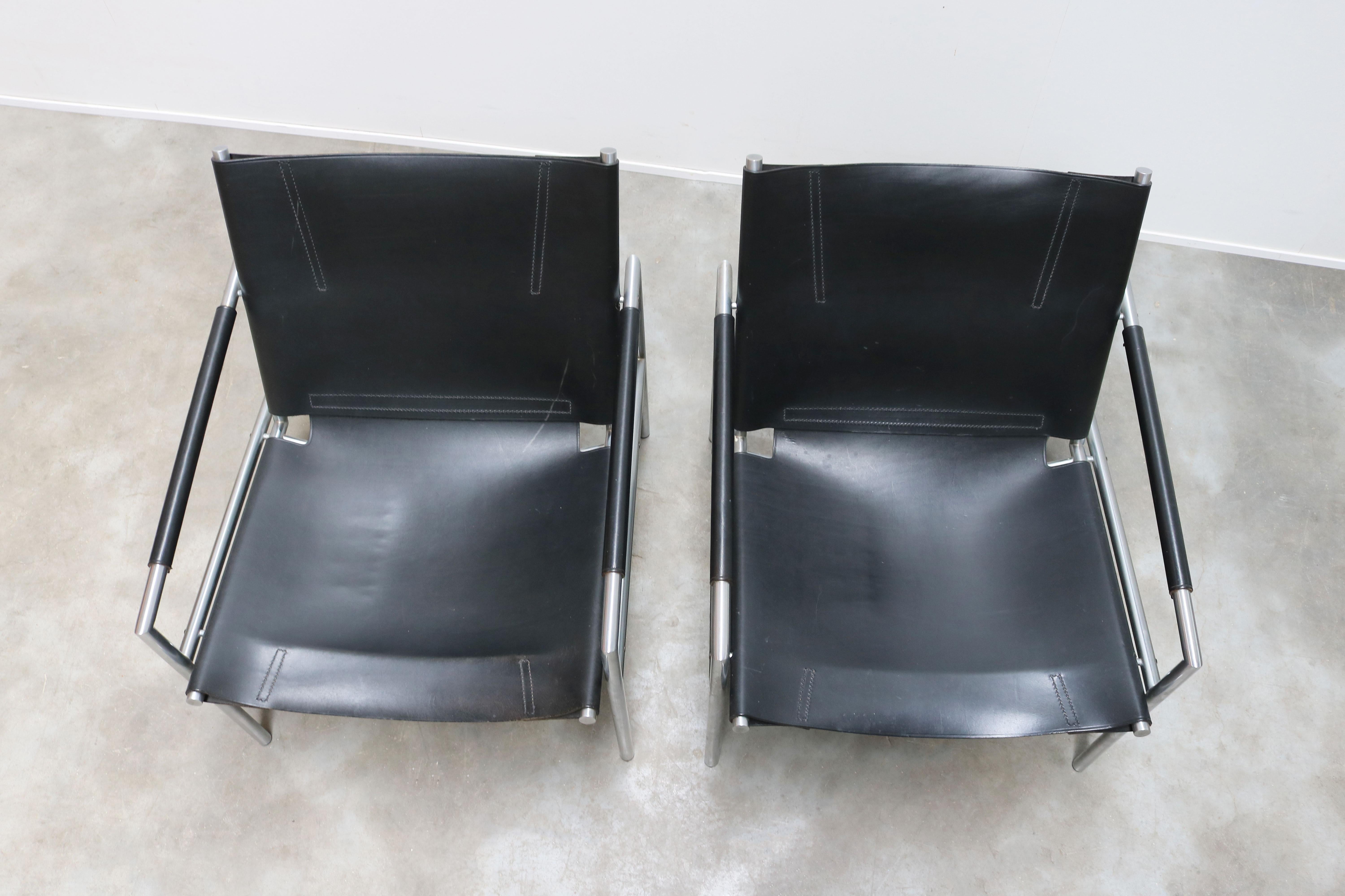 Dutch Pair of Lounge Chairs by Martin Visser for Spectrum Black Leather Chrome