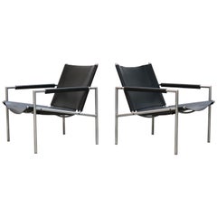 Pair of Lounge Chairs by Martin Visser for Spectrum Black Leather Chrome