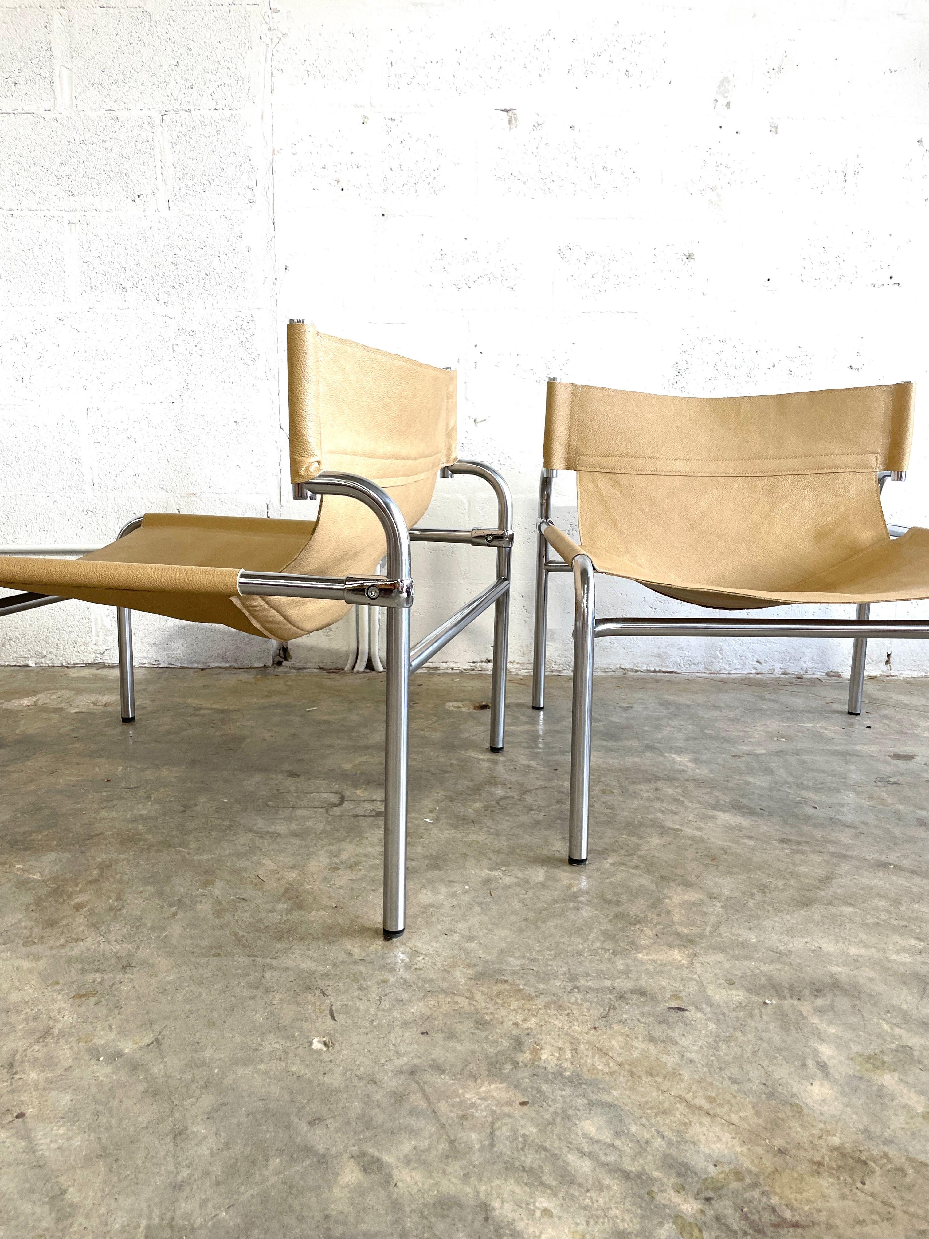 SZ12 Lounge Chairs by Walter Antonis for T Spectrum. Only produced between 1971-1974. Tubular chrome frame with a leather sling seat. Leather was replaced.