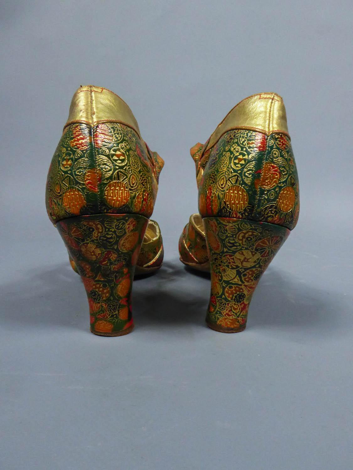 Women's Pair of T-bar golden Salome shoes for the ball Circa 1930