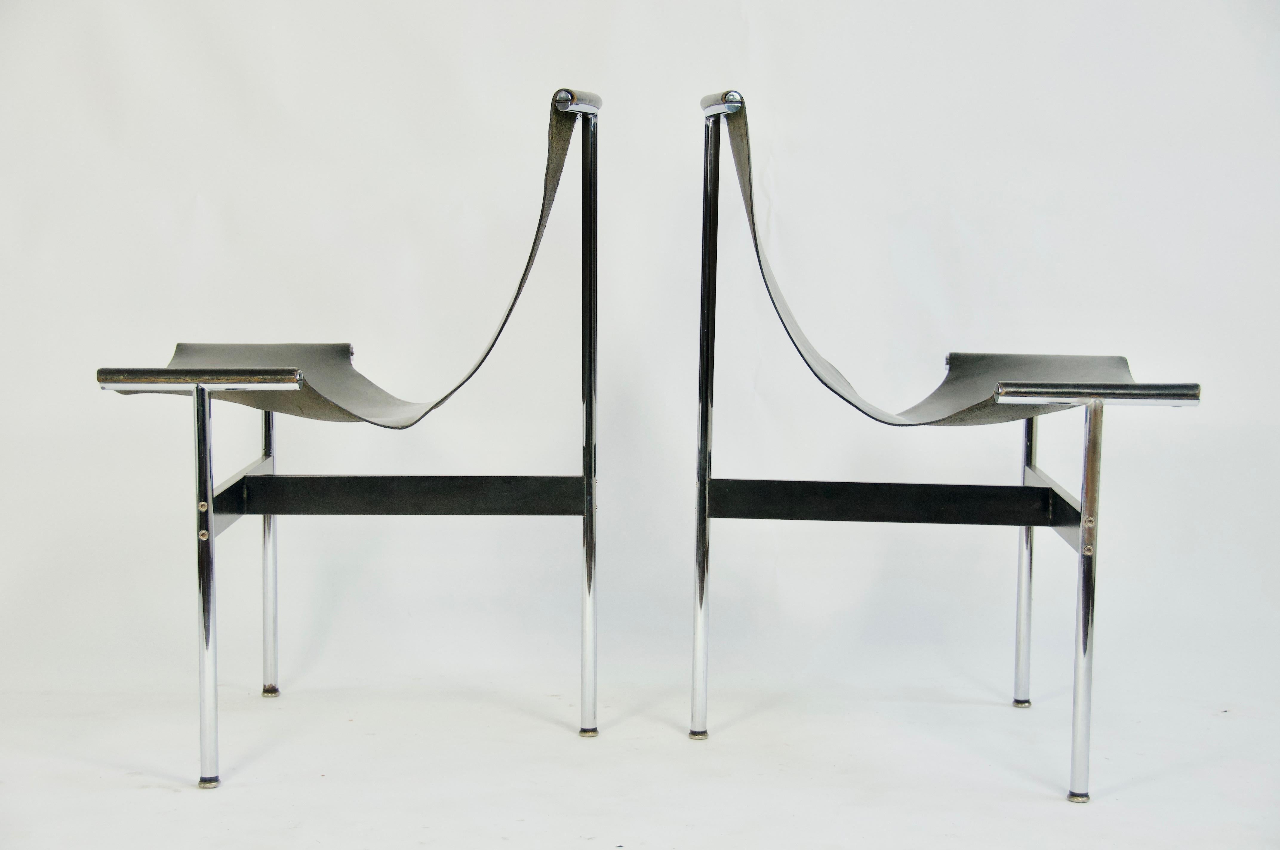 Pair T-chairs by William Katavolos Littell and Kelly.

This set of elegant three-legged chairs seems almost too delicate to sit in. But in fact these sensuous chairs are very strong. The chairs are curveous and sculptural and feature wonderful