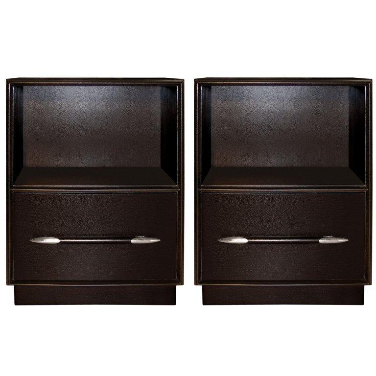 Pair of T. H. Robsjohn-Gibbings Ebonize Walnut Side Tables with Nickel Pulls In Excellent Condition For Sale In New York, NY