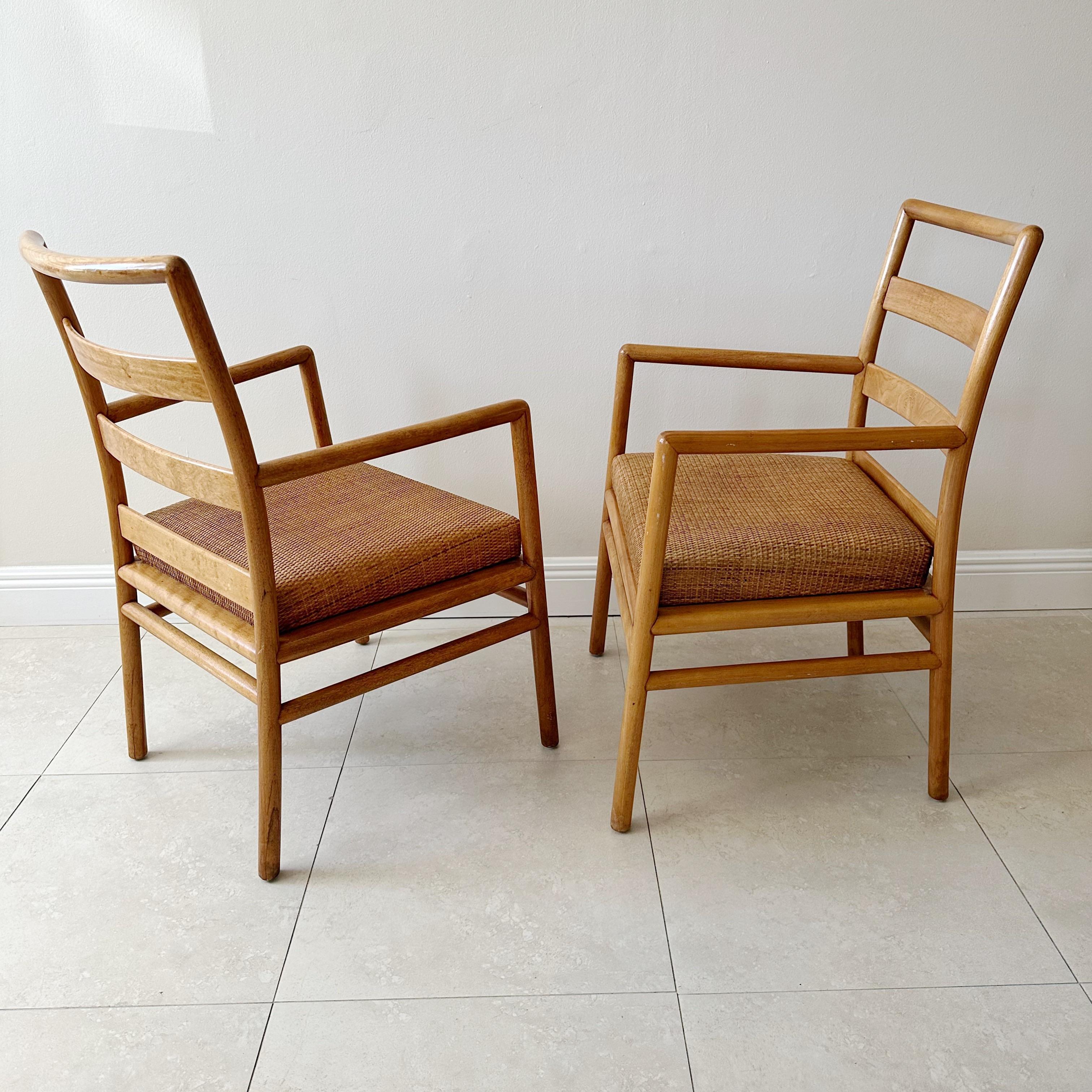Hand-Crafted Pair of T. H. Robsjohn Gibbings for Widdicomb Ladderback & Woven Rattan Seat Arm For Sale