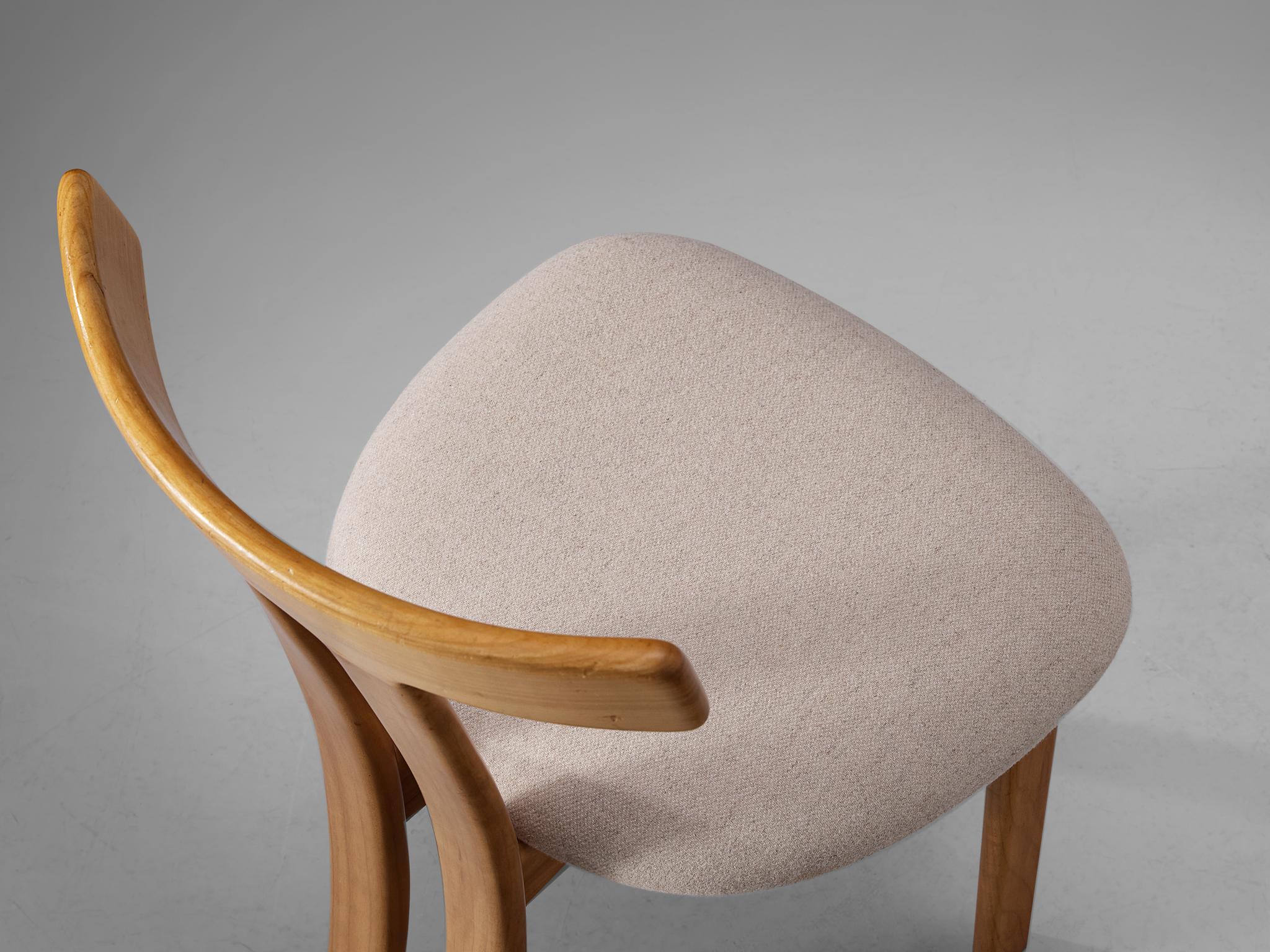Fabric Pair of 'T-shape' Dining Chairs in Maple and White Upholstery