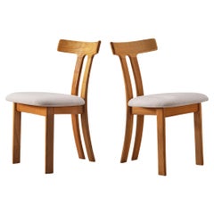 Pair of 'T-shape' Dining Chairs in Maple and White Upholstery
