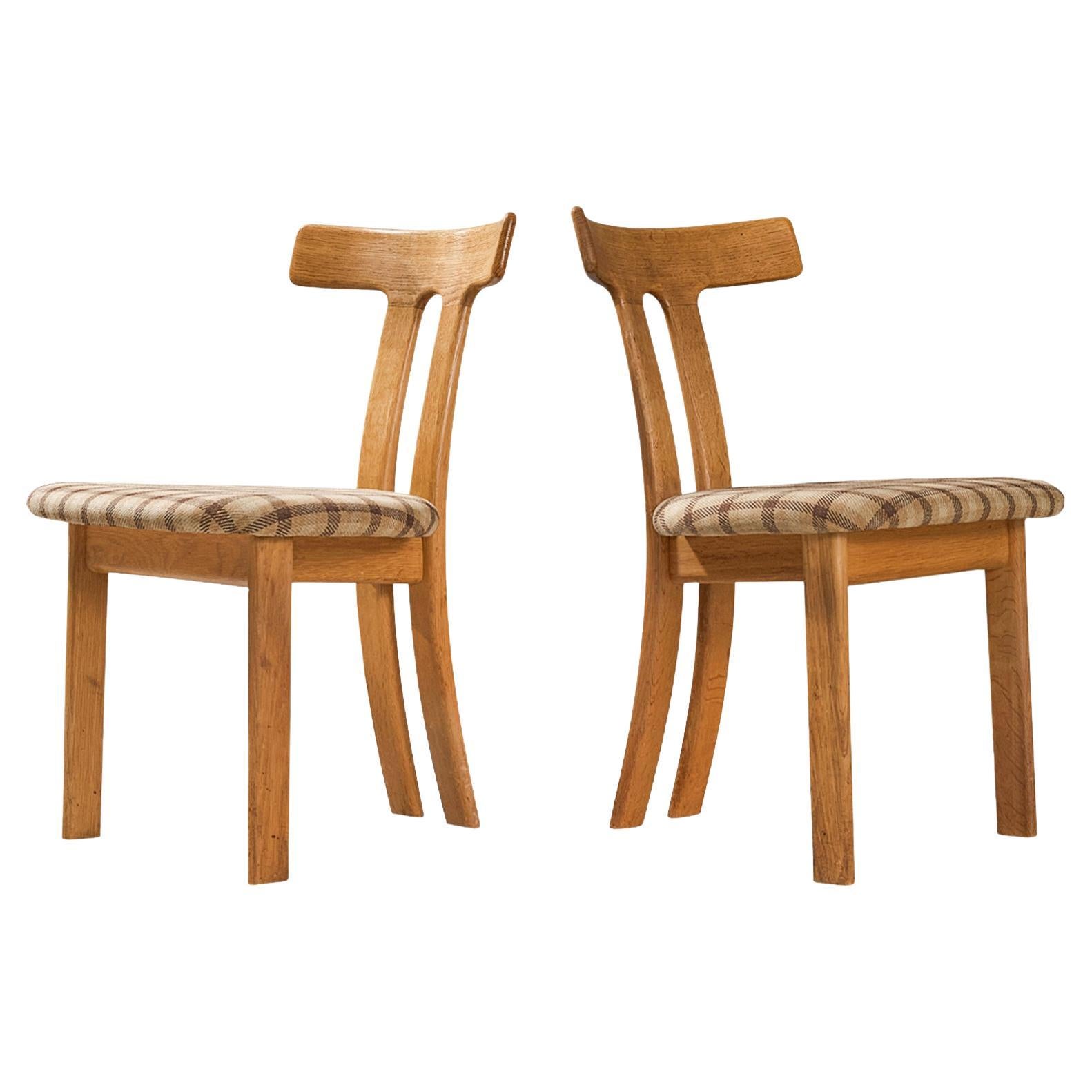 Pair of 'T-Shape' Dining Chairs in Oak and Brown Checkered Upholstery For Sale