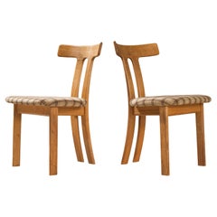 Pair of 'T-Shape' Dining Chairs in Oak and Brown Checkered Upholstery