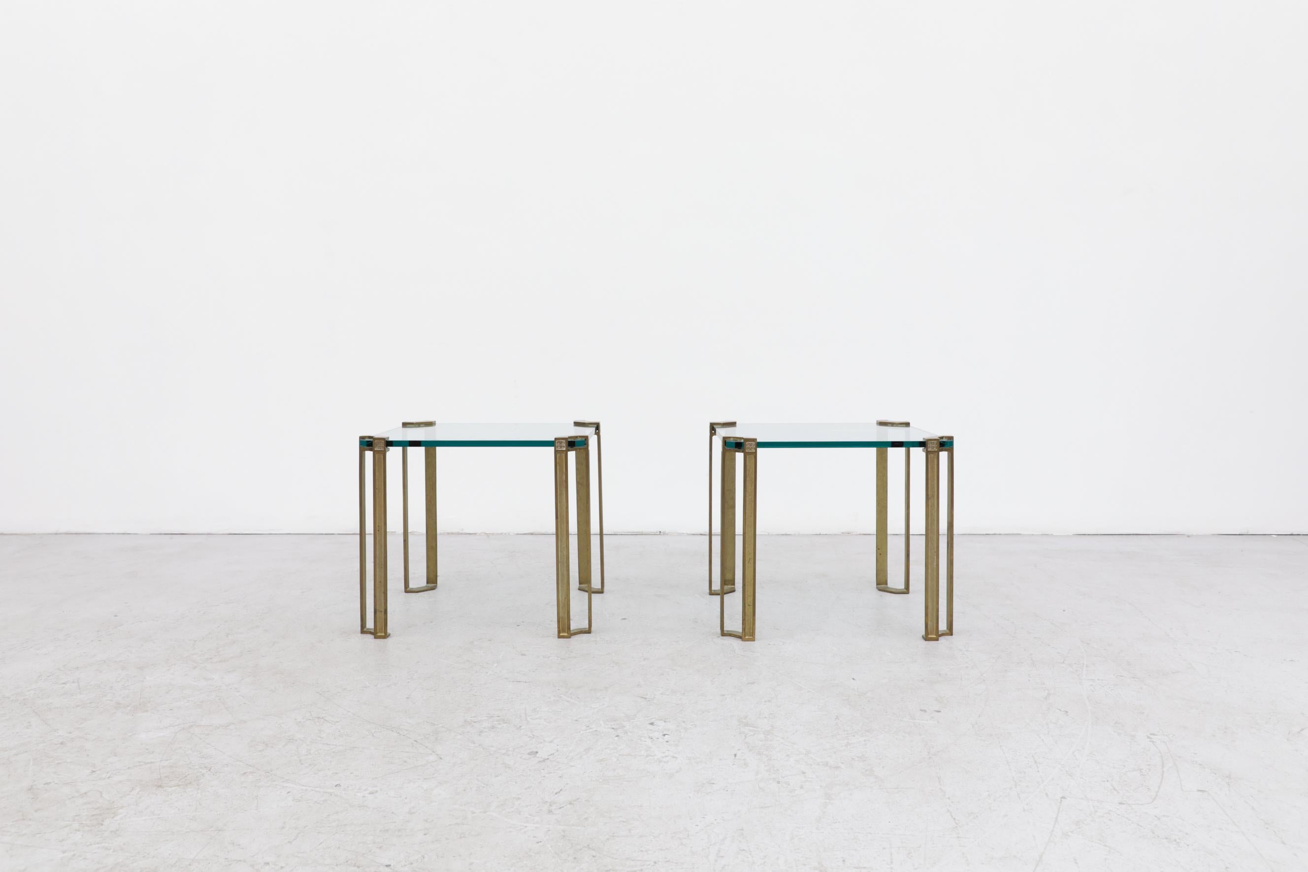 Pair of 1970's brass and glass T24 Pioneer side tables by Peter Ghyczy, Both are in original condition and have wear and patina consistent with their age and use. Other Peter Ghyczy tables are available and listed separately. Set price.