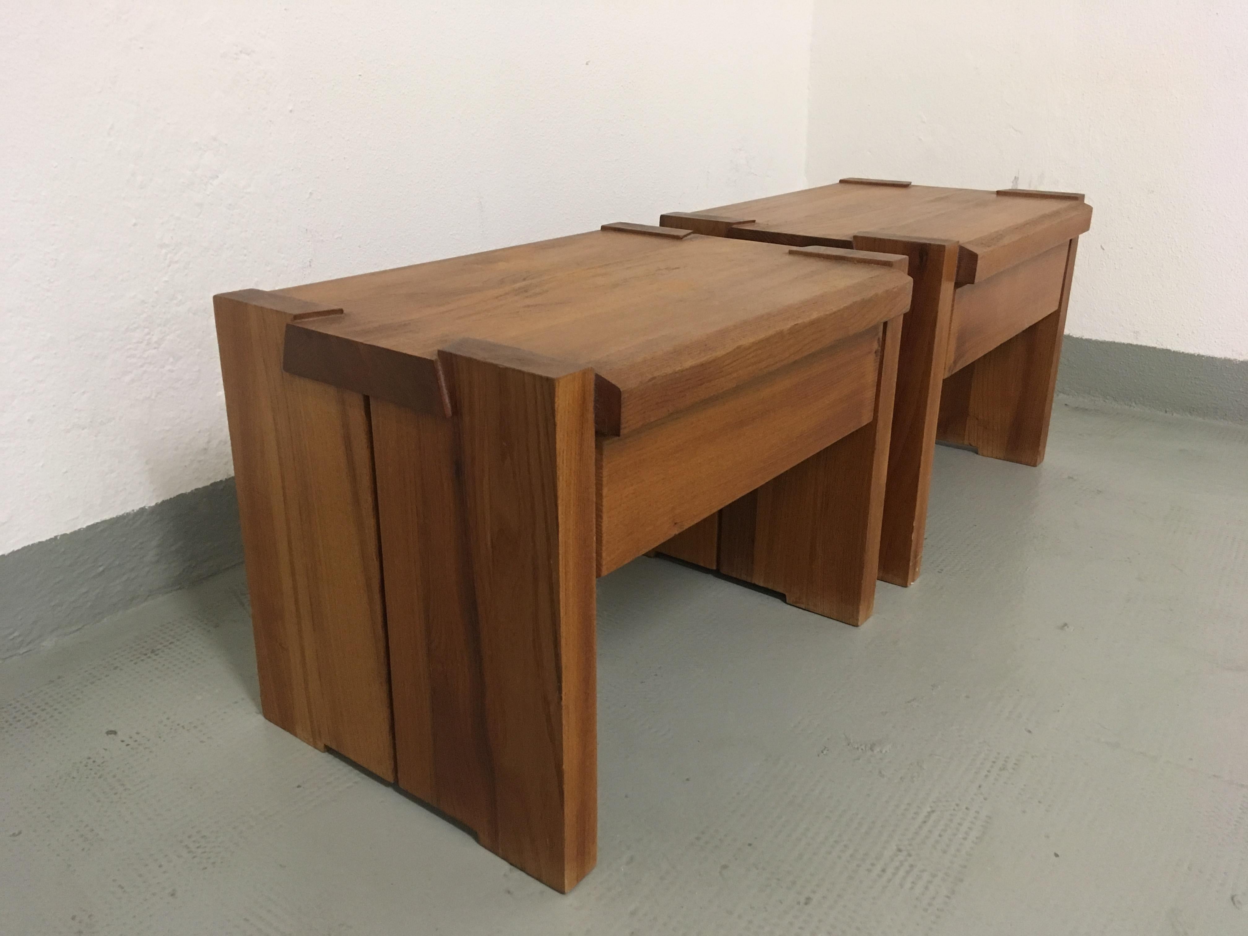 Pair of solid elm bedside or nightstands tables by Pierre Chapo, France, circa 1970
Very good condition, with patina.