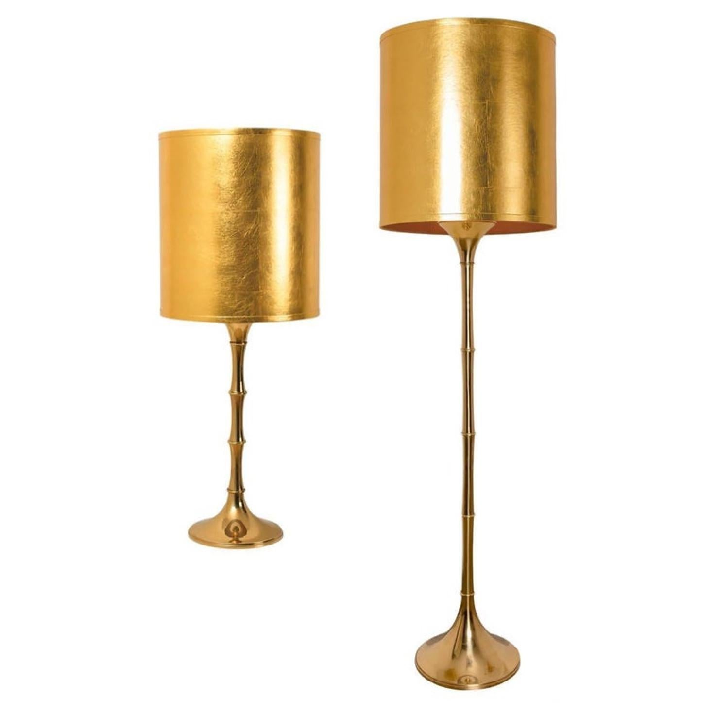 Elegant brass bamboo table and floor lamps Model designed by Ingo Maurer, 1968 for Design M Munich, Germany.
With new gold metal custom made lamp shades with Bronze inner shade. Made by Rene Houben.

Good original vintage condition. Wear