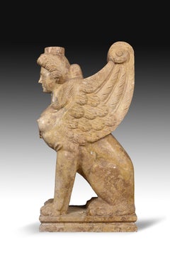 Pair of Table Bases, Sphynx. Travertine Marble