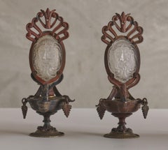 Pair of Table Candleholders in the Shape of Roman Oil Lamps with Opaline Baccart
