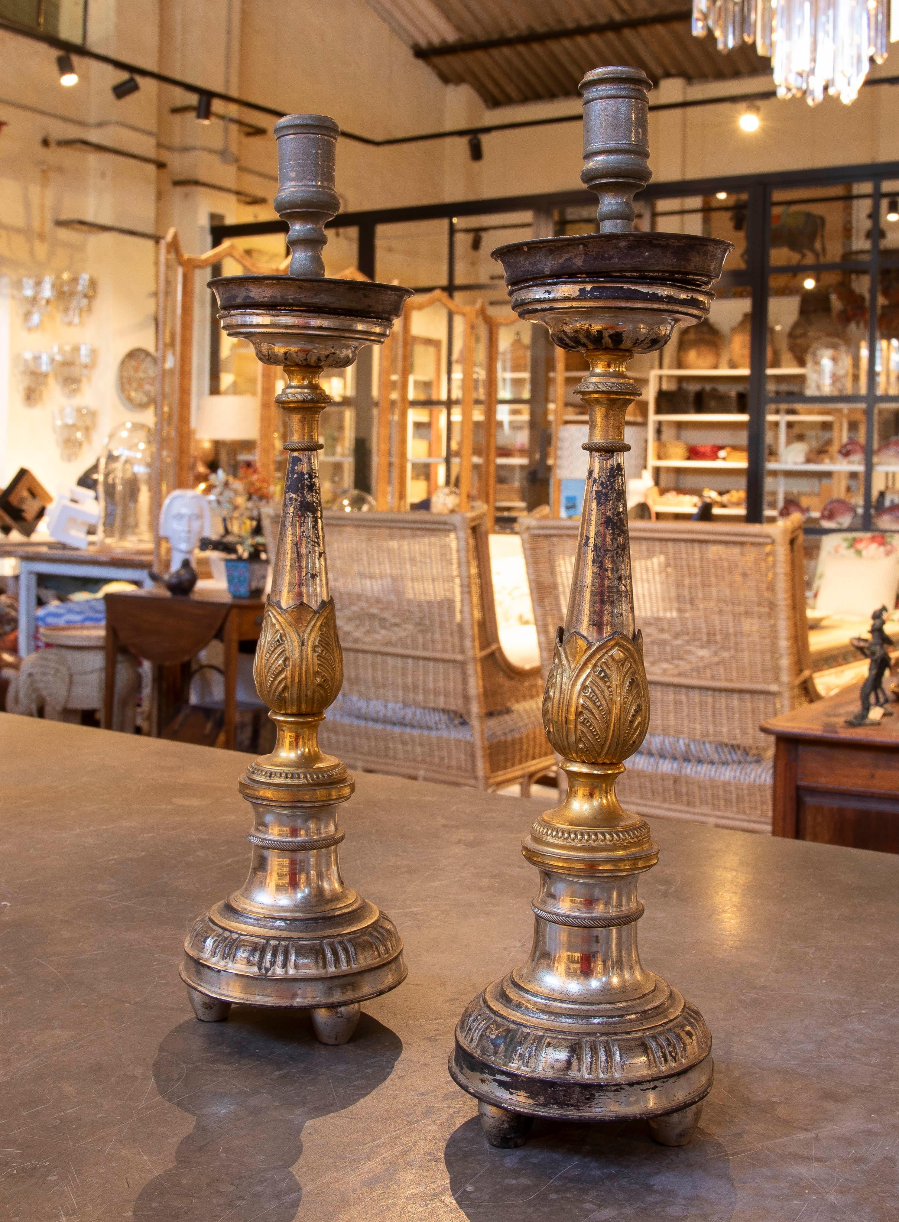 Spanish Pair of Table Candlesticks in Gold and Silver Metal, Wood and Brass For Sale
