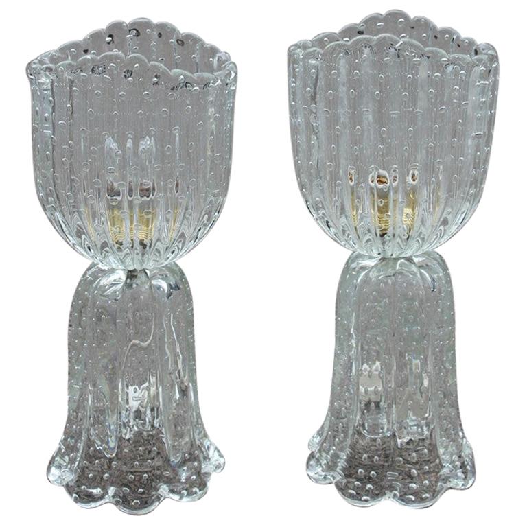Pair of Table Lamp Barovier 1940s Italian Design Air Bubbles Inside Murano Glass