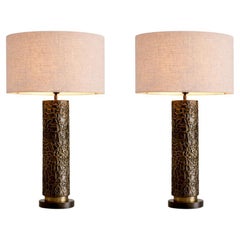 Paar Tischlampen in Bronze Highlight Finish mit Leinen Mix Schirm