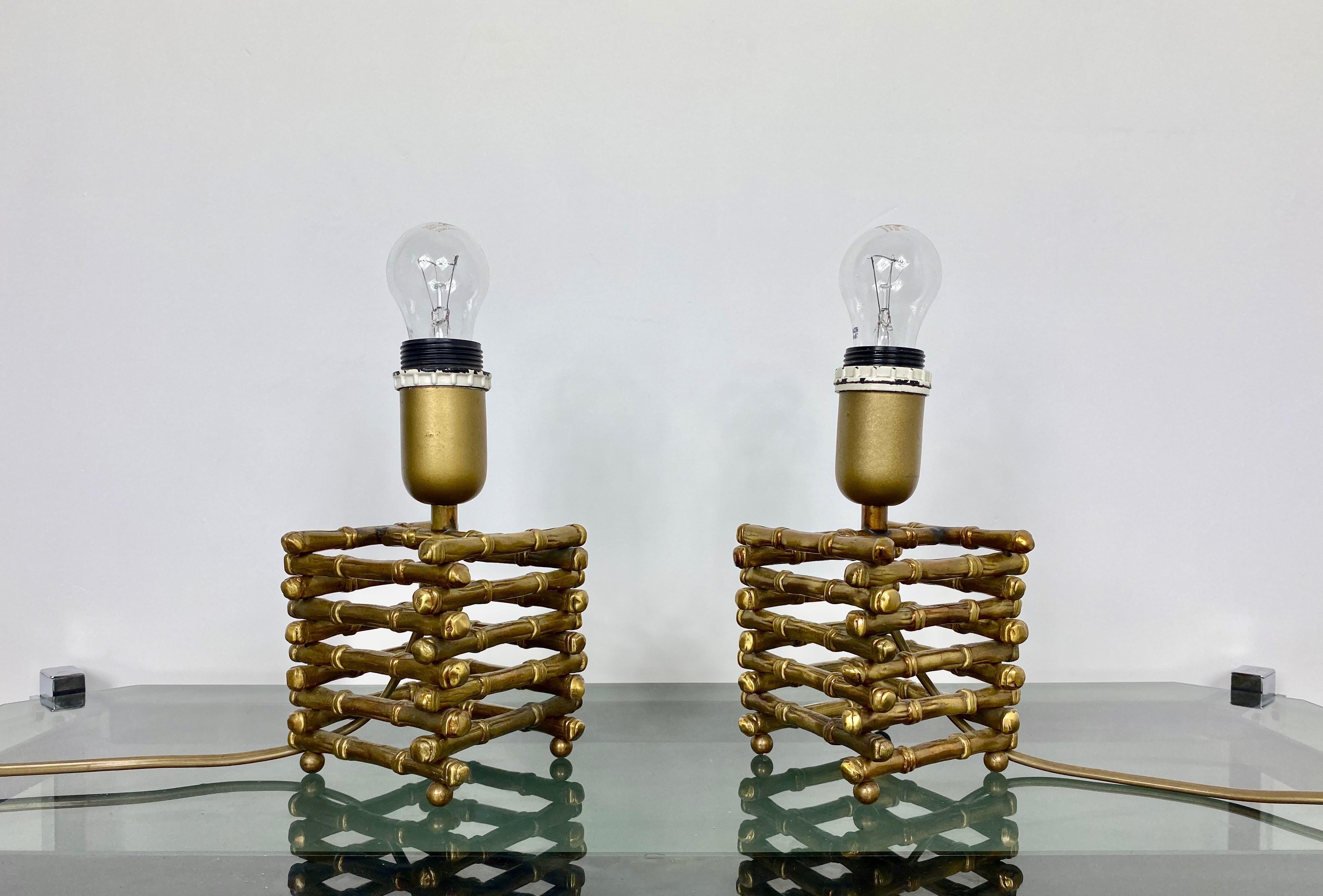 Mid-Century Modern Pair of Table Lamp in Faux Bamboo and Brass, Italy, 1960s For Sale