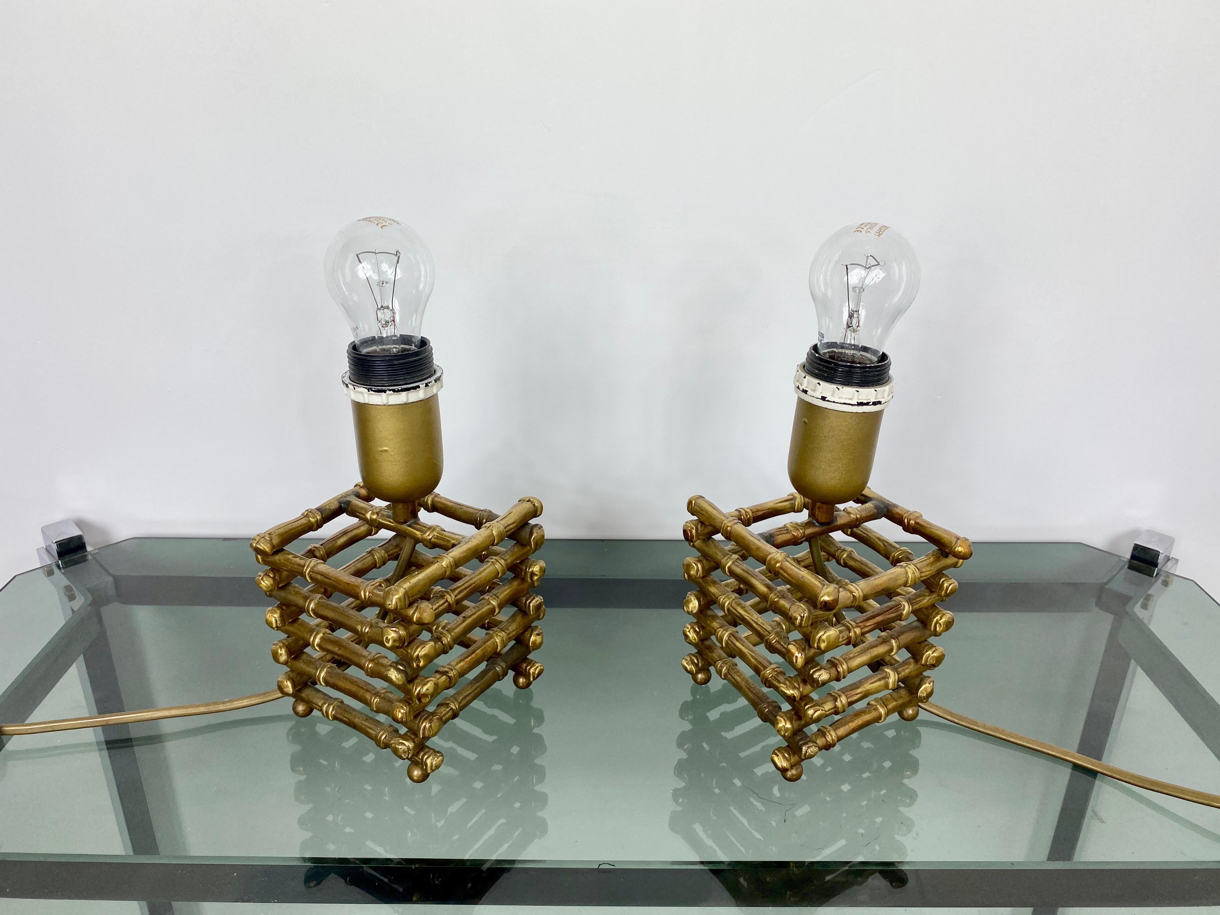 Italian Pair of Table Lamp in Faux Bamboo and Brass, Italy, 1960s For Sale