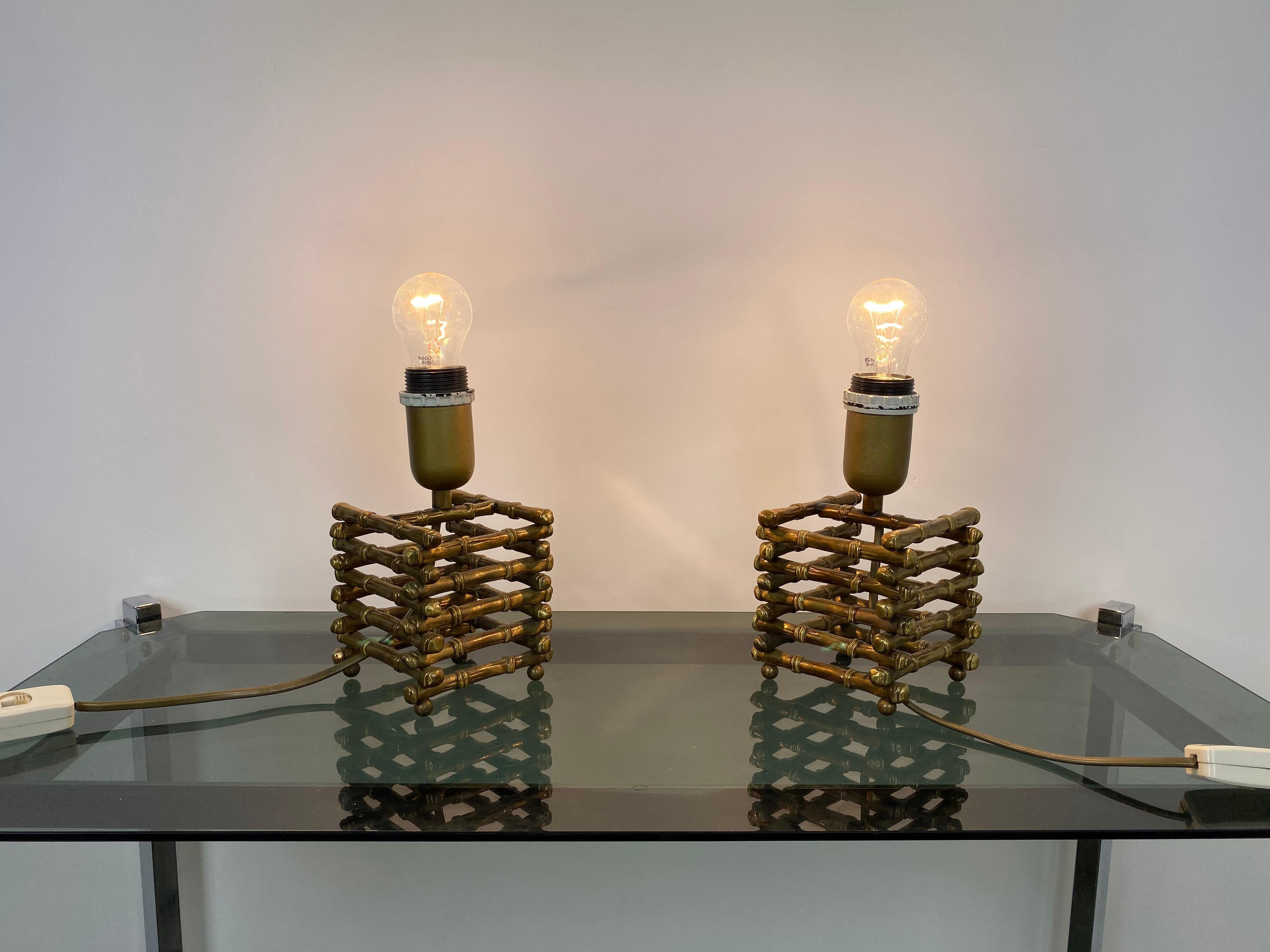 Pair of Table Lamp in Faux Bamboo and Brass, Italy, 1960s In Good Condition For Sale In Rome, IT