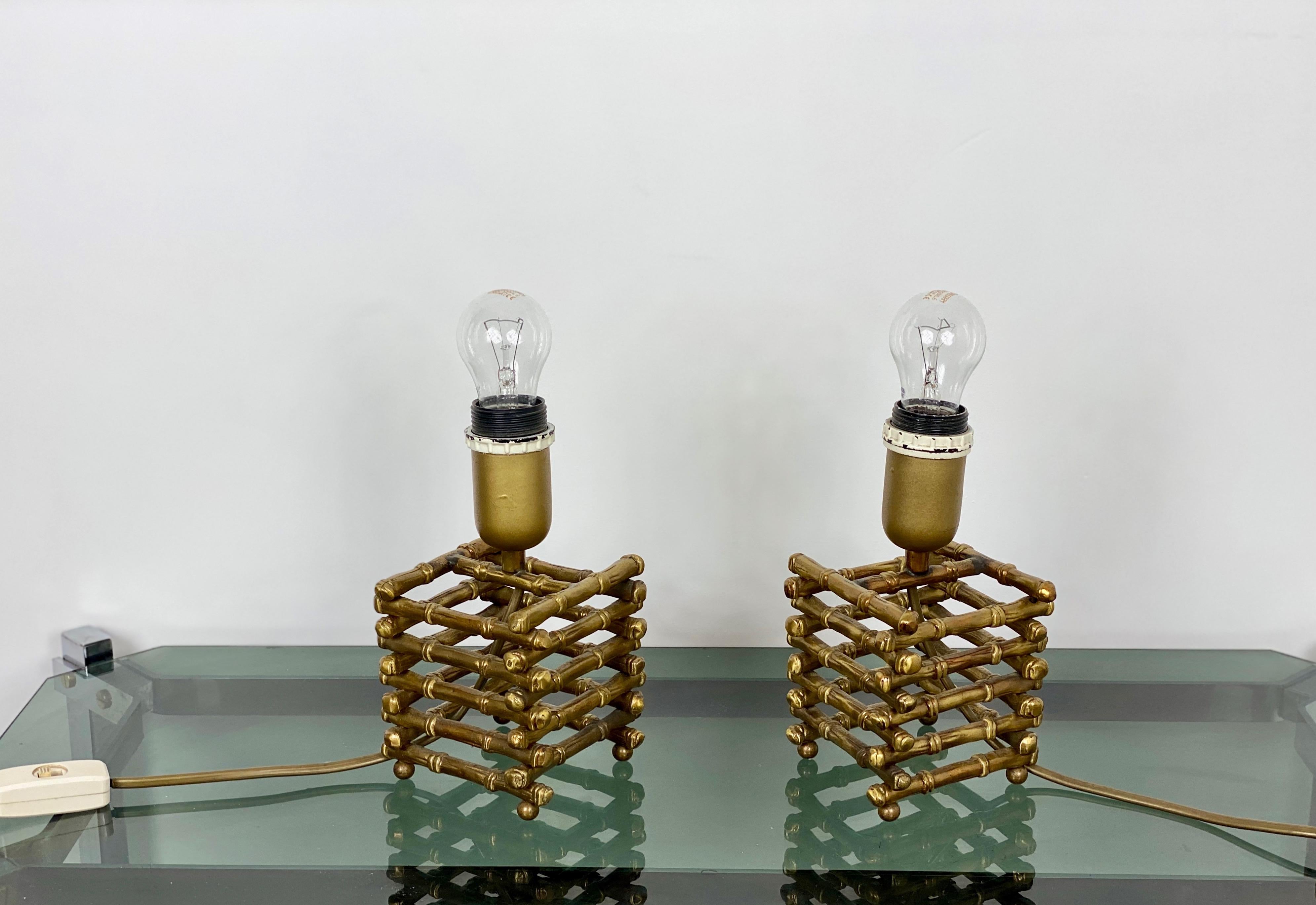 Mid-20th Century Pair of Table Lamp in Faux Bamboo and Brass, Italy, 1960s For Sale
