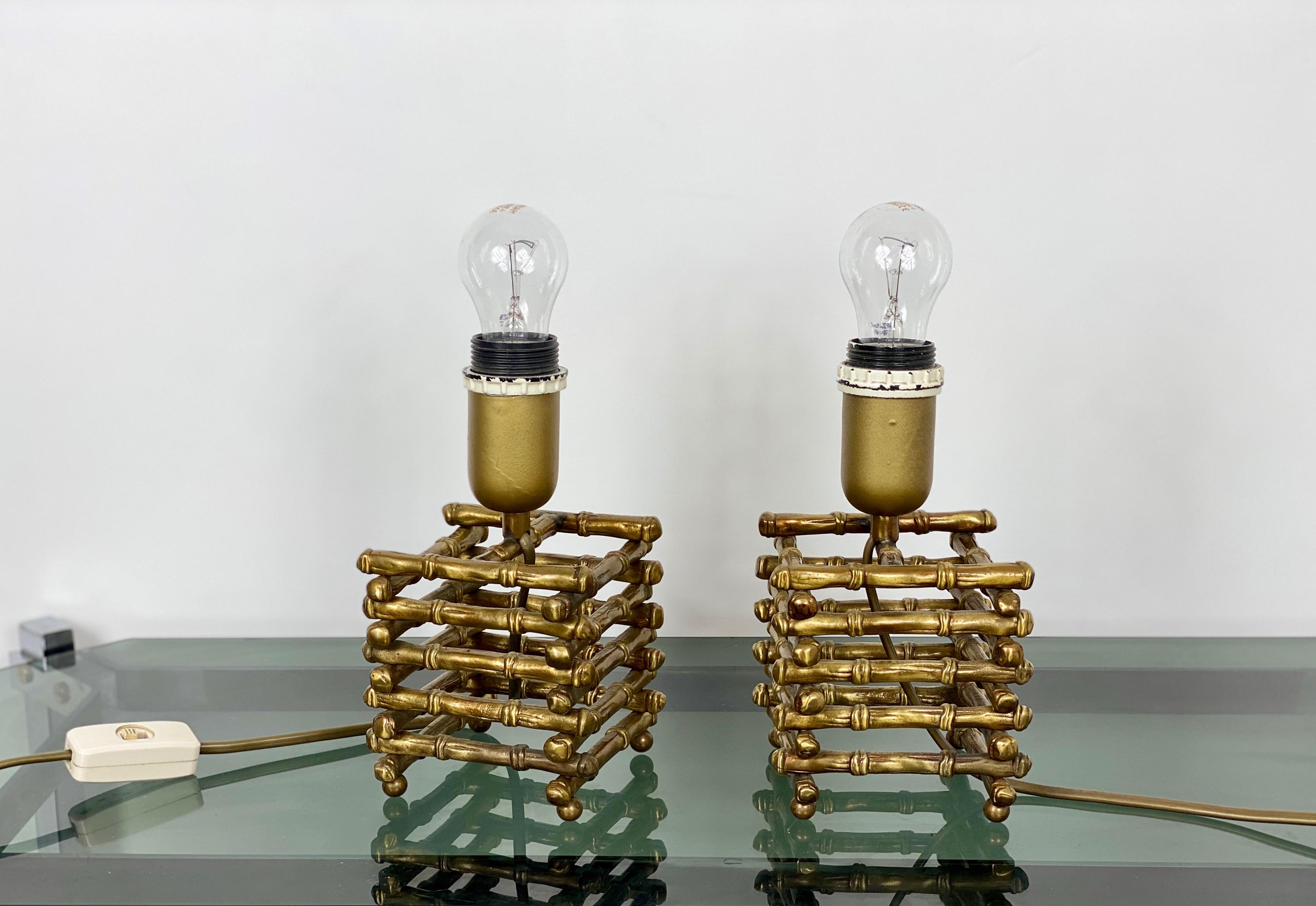 Metal Pair of Table Lamp in Faux Bamboo and Brass, Italy, 1960s For Sale