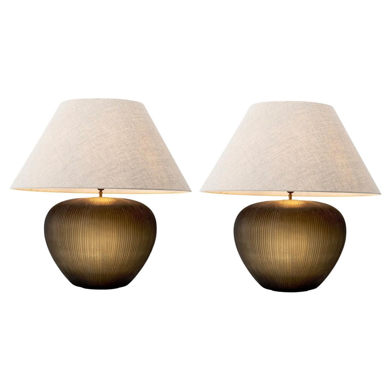 Pair of Table Lamp in Handblown Glass with Stone Finish For Sale