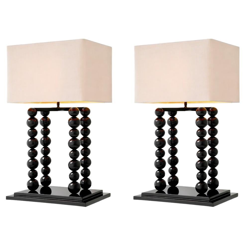 Pair of Table Lamp in Piano Black Finish with White Linen Shade