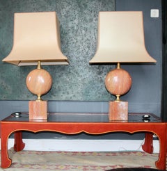 Coppia di lampade da tavolo in travertino rosso di Philippe Barbier