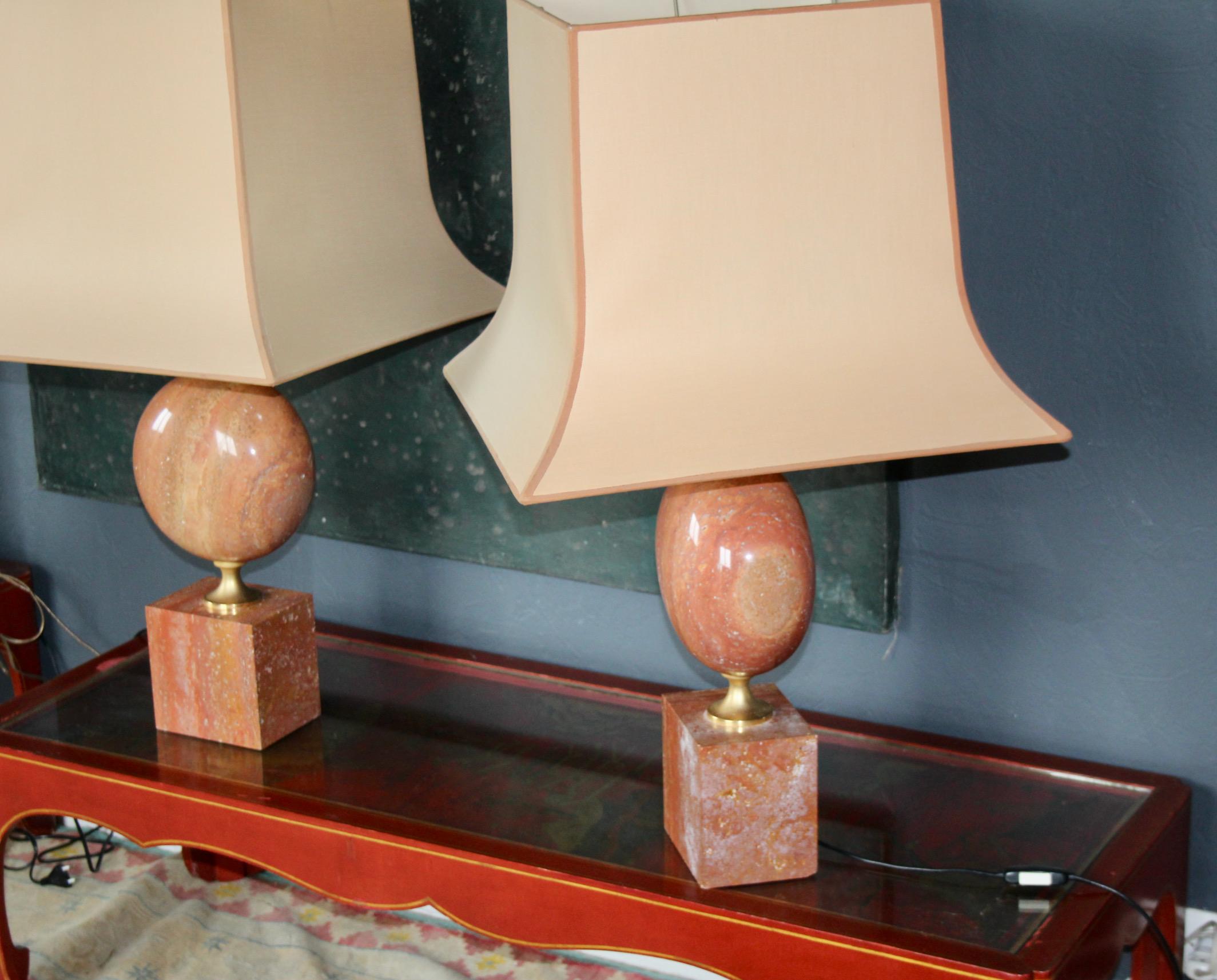 Late 20th Century Pair of table Lamp in Red Travertine by Philippe Barbier For Sale