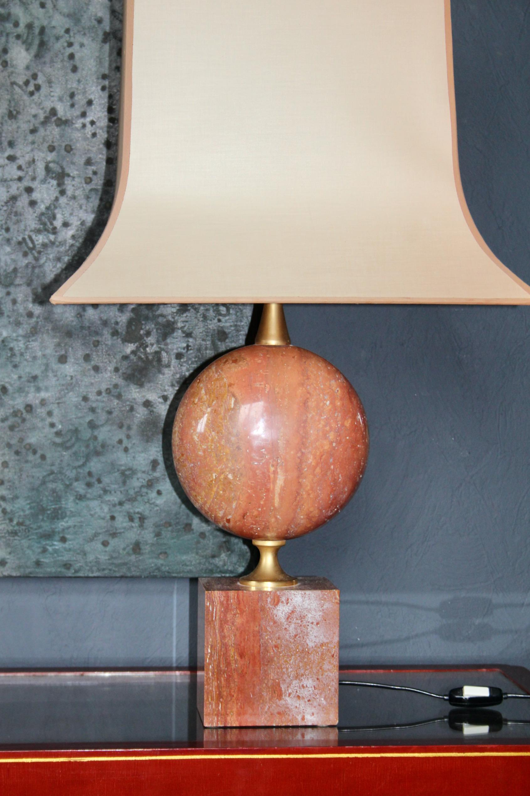 Pair of table Lamp in Red Travertine by Philippe Barbier For Sale 1