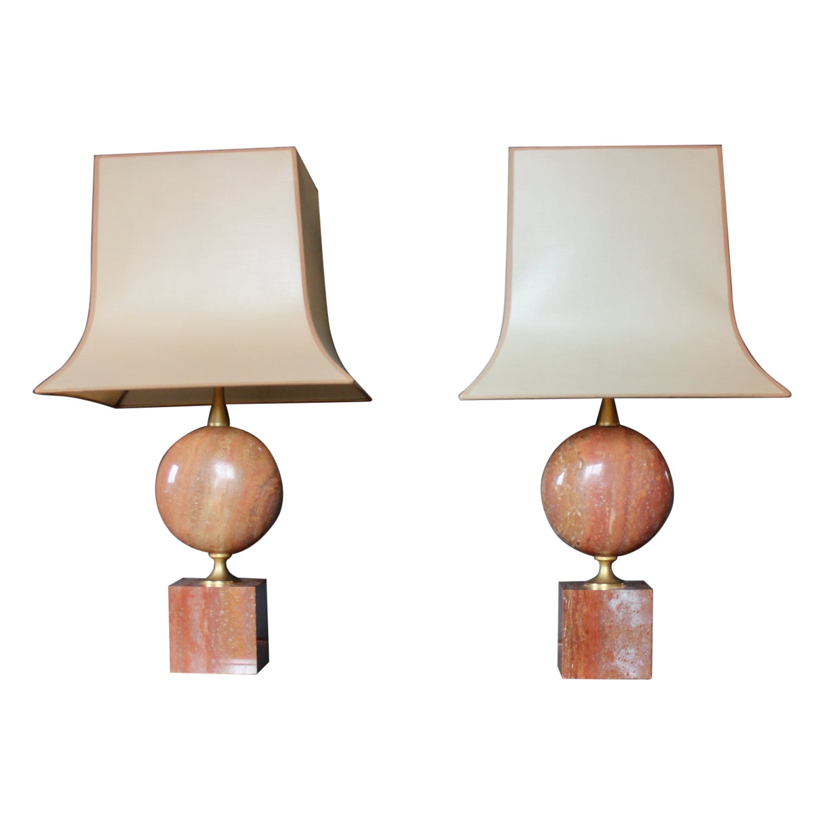 Pair of table Lamp in Red Travertine by Philippe Barbier For Sale
