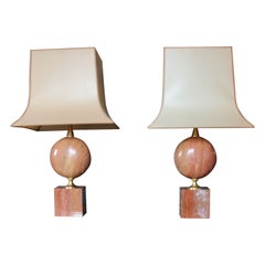 Pair of table Lamp in Red Travertine by Philippe Barbier
