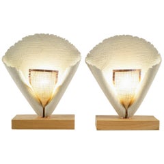Pair of Table Lamp, in White Grey and Beige Made by Hand on a Solid Oak Base