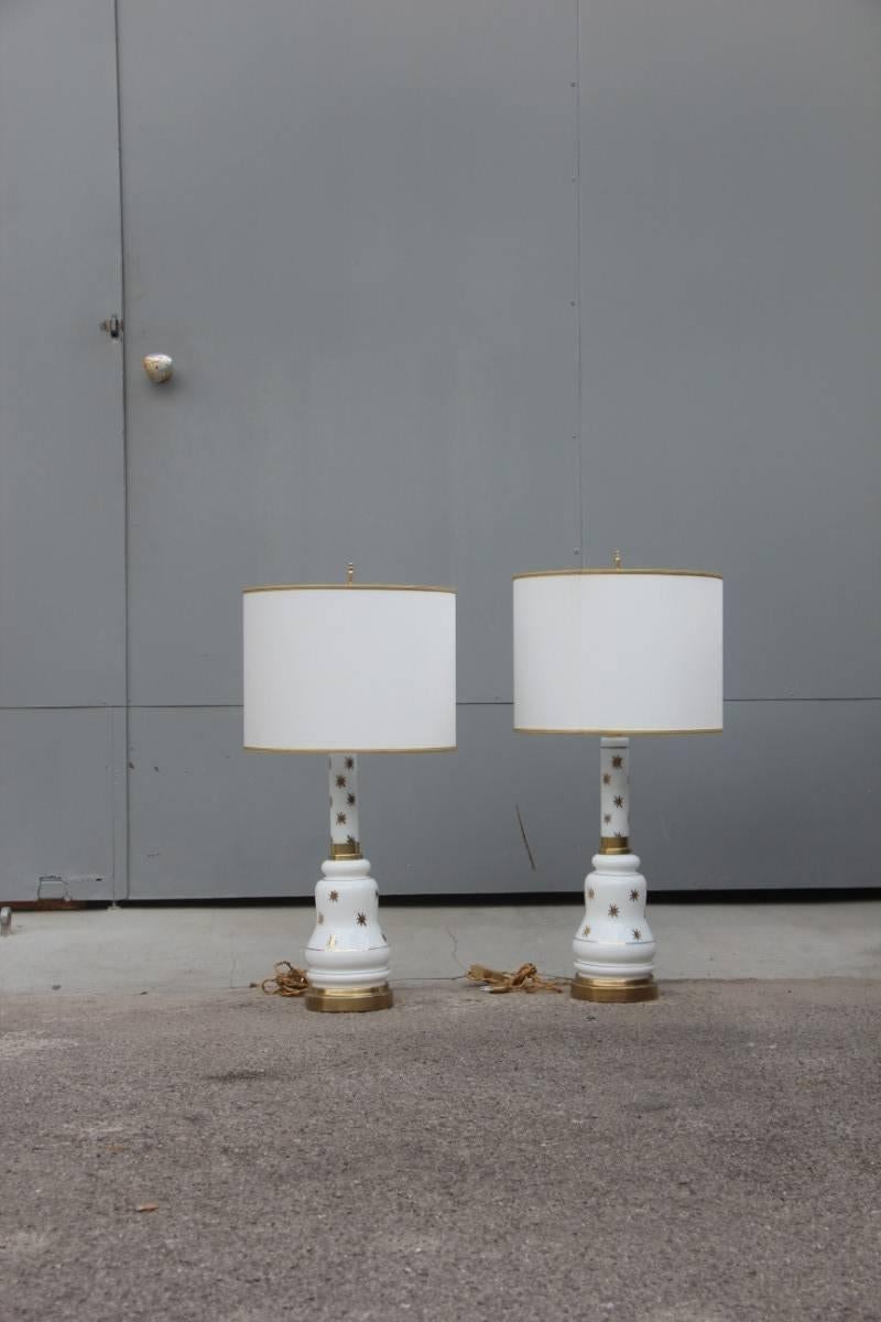 Mid-Century Modern Pair of Table Lamp Italian Design 1960s Opaline Glass White Gold  For Sale