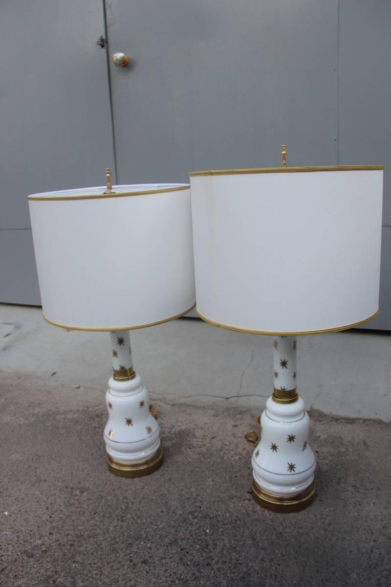 Pair of Table Lamp Italian Design 1960s Opaline Glass White Gold  For Sale 4