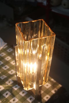 Pair of Table Lamp Sciolari Design Cubic Form Steel Yellow Murano Glass Italian